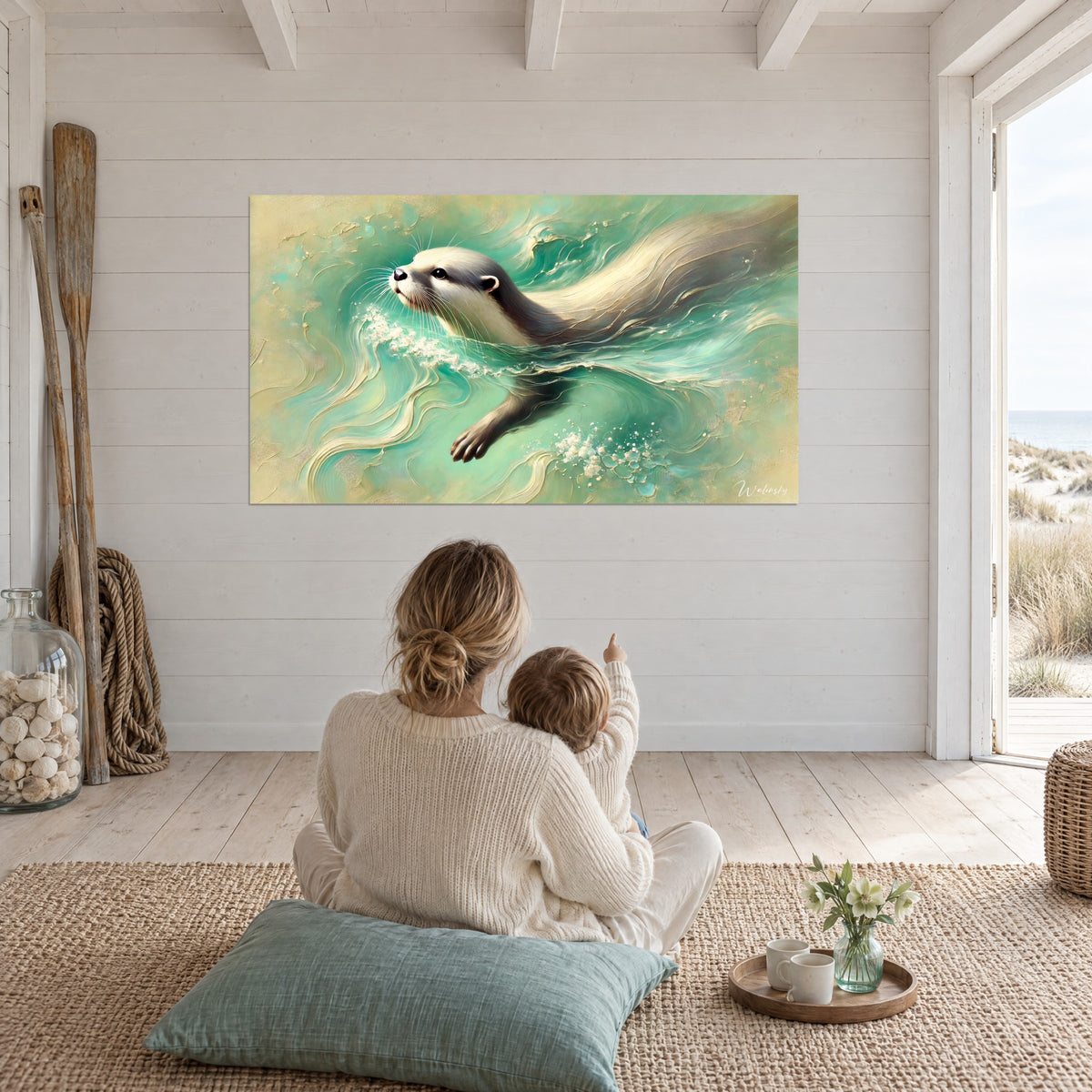 Tableau loutre fendant l'eau d'un vert aqua éclaboussé d'écume blanche, reflets dorés texturés, face à une mère et son enfant