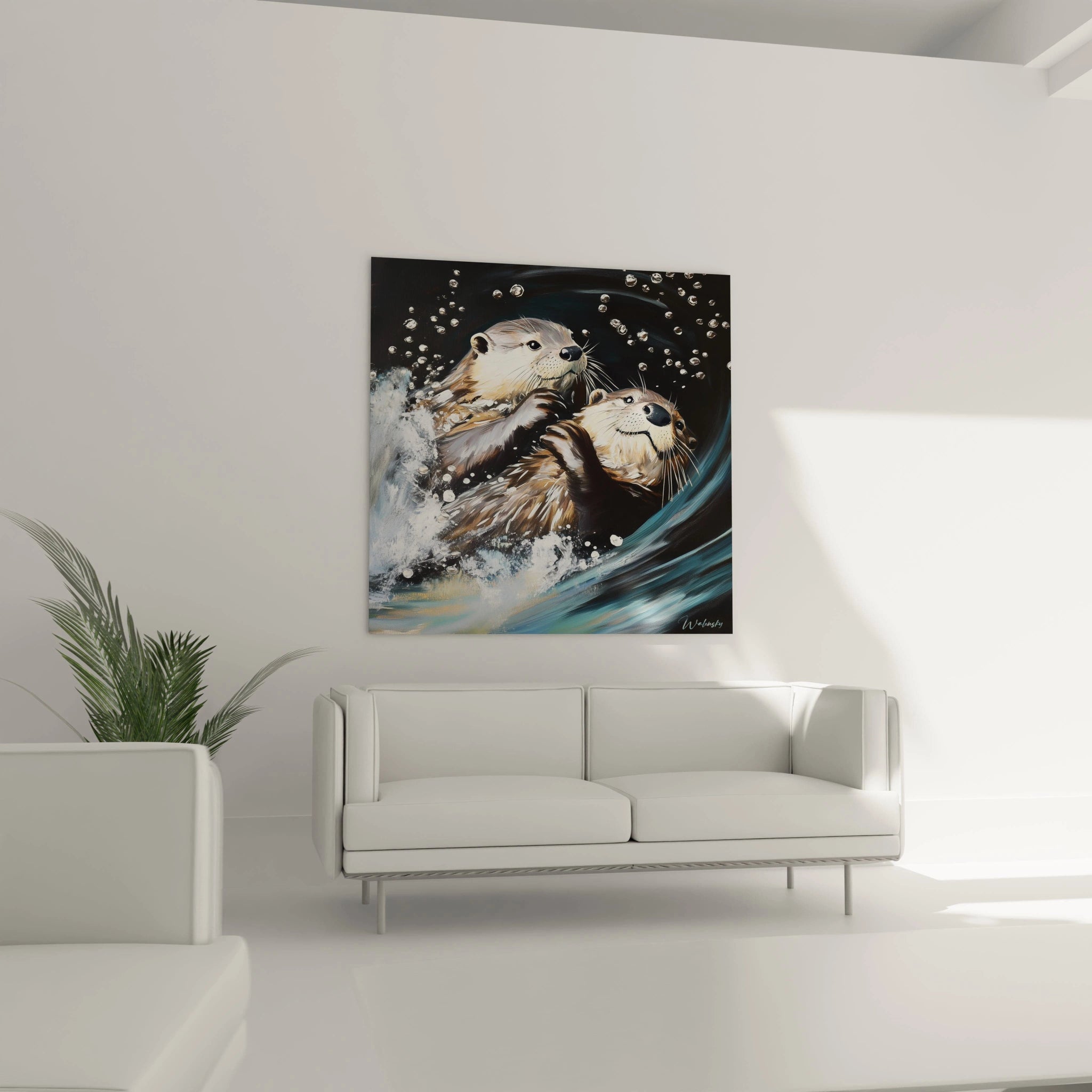 Tableau loutre Walensky accroché au mur d'un salon moderne avec canapé blanc et plante verte