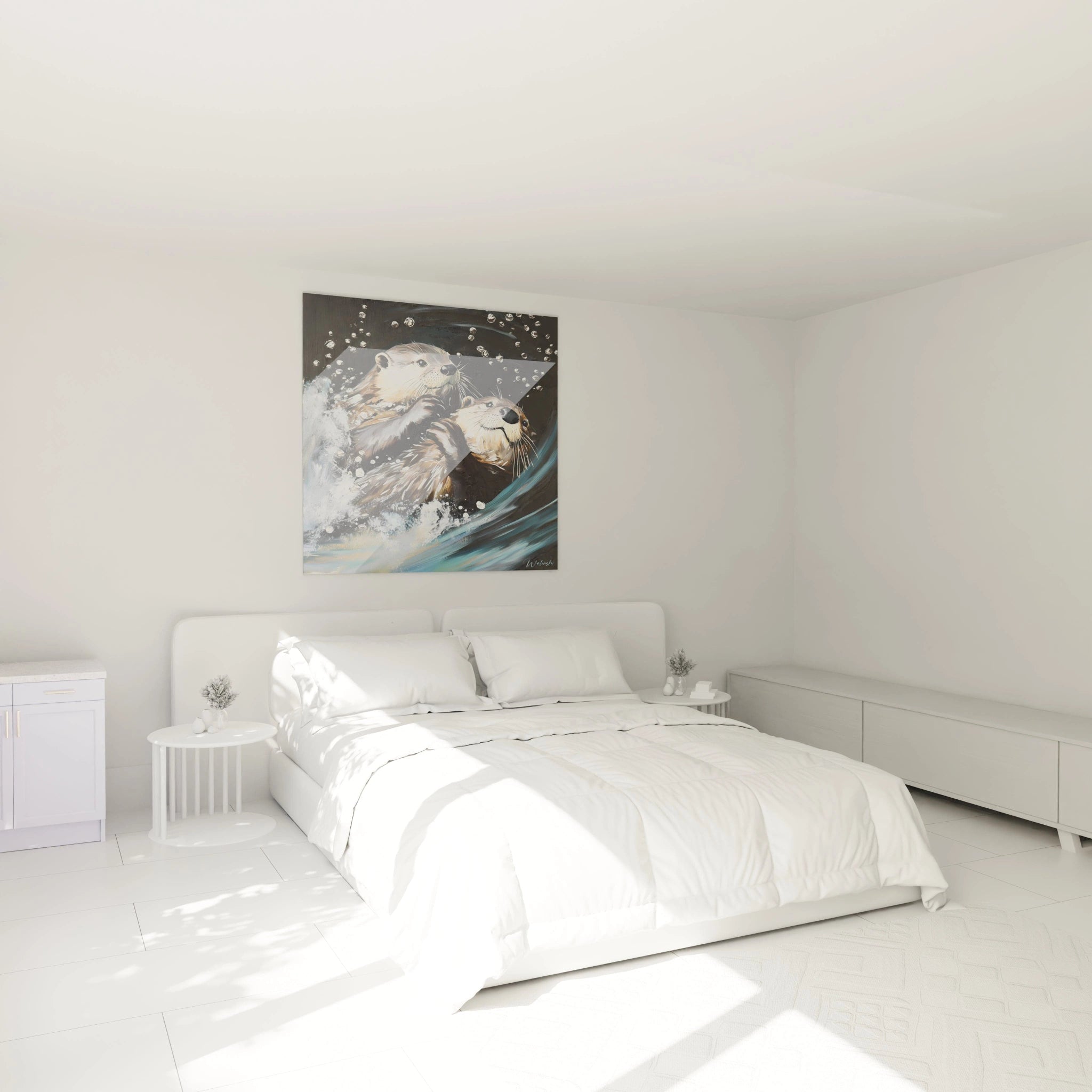 Tableau loutre Walensky accroché au-dessus d'un lit double dans une chambre blanche minimaliste