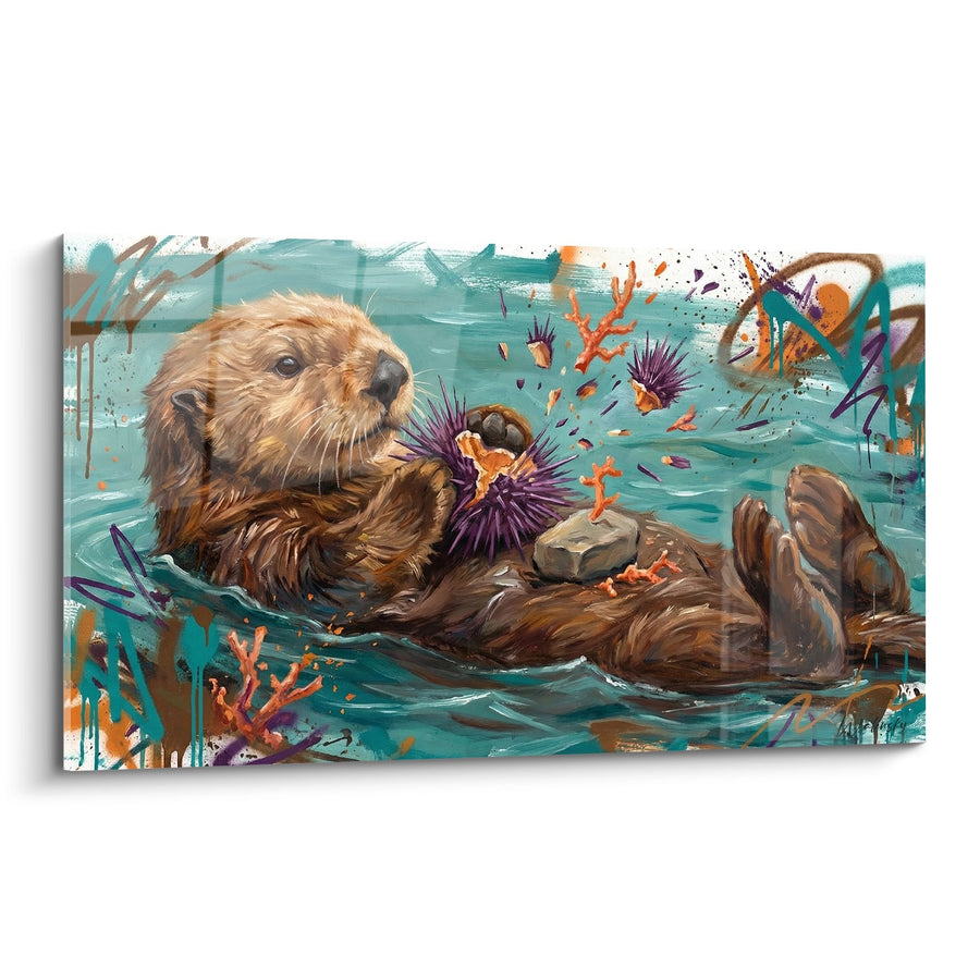 Tableau Loutre de Mer sur Dos Tenant un Oursin Violet - Charme Aquatique - Edition Oursin