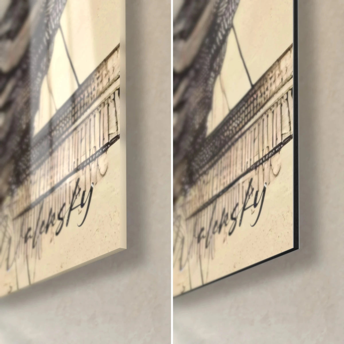 Cuadro musa con pincel y palacio del Louvre, borde negro de 3 mm, cristal brillante que refleja la luz y Dibond beige mate, firma