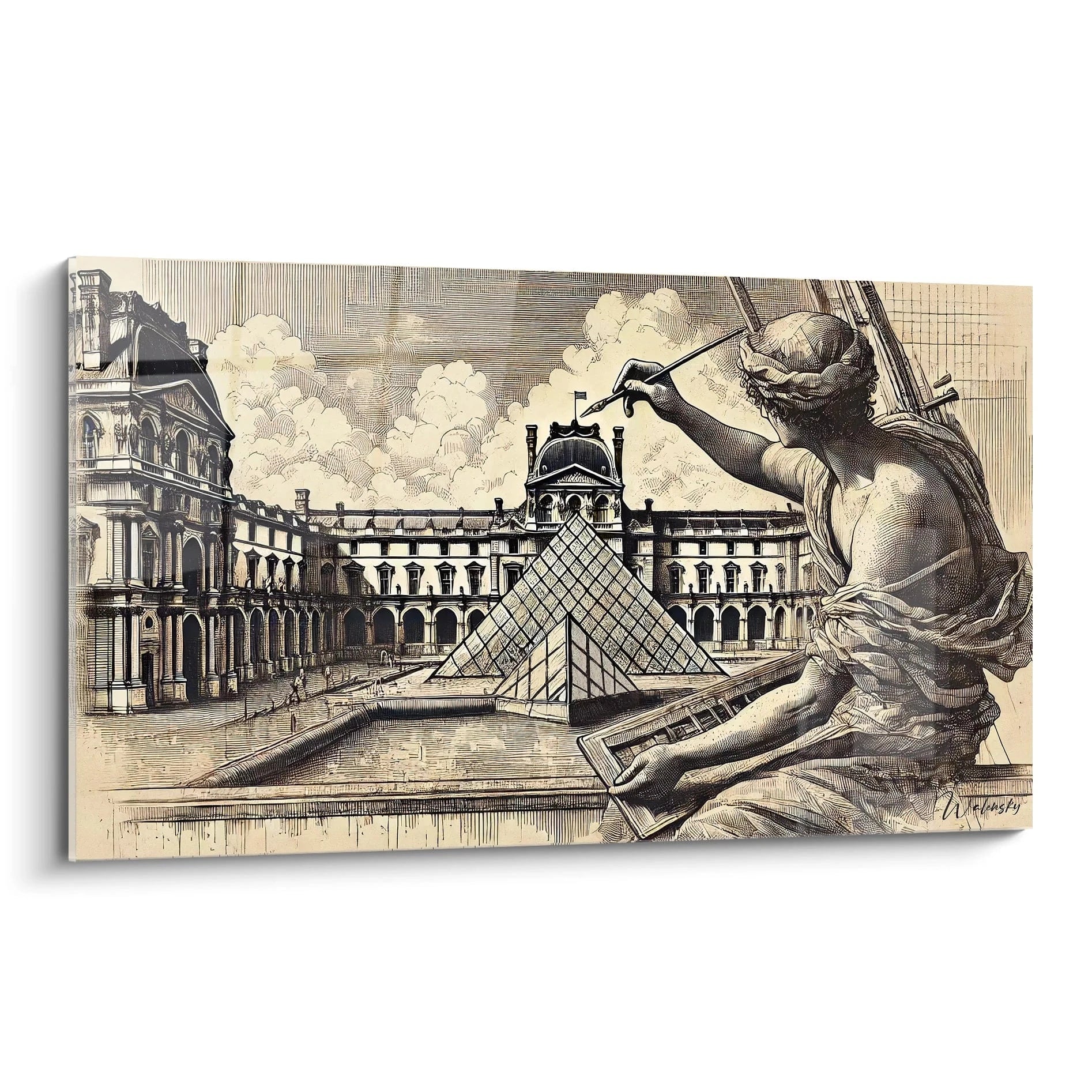 tableau Louvre vu de biais dévoile des lignes nettes et précises avec des tons beiges et argentés. La pyramide de verre scintille, entourée d’éléments architecturaux classiques, créant une harmonie intemporelle.

