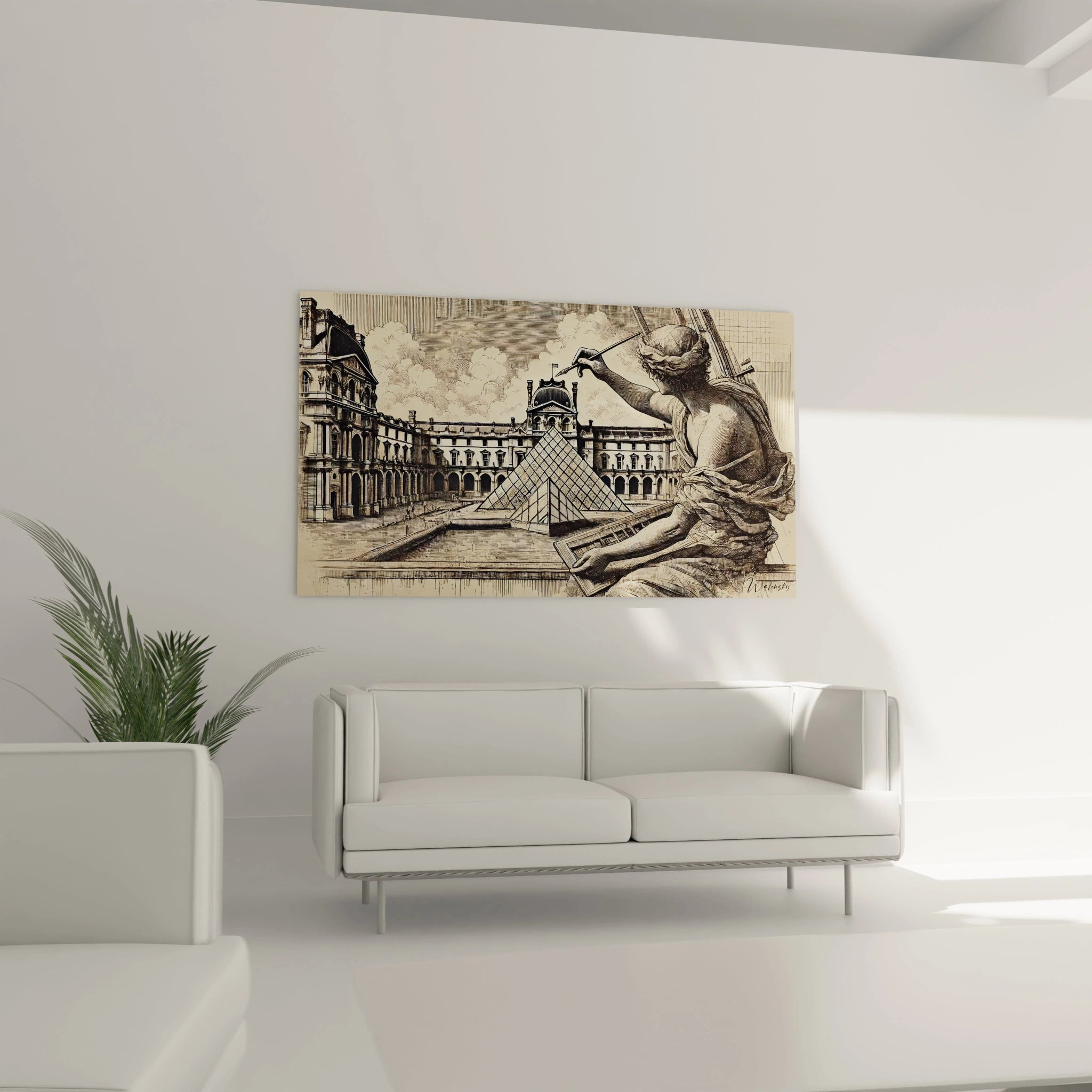 tableau Louvre dans un salon au-dessus du canapé devient un point focal majestueux. L’équilibre entre modernité et héritage rehausse l’atmosphère, transformant la pièce en un hommage artistique à Paris.

