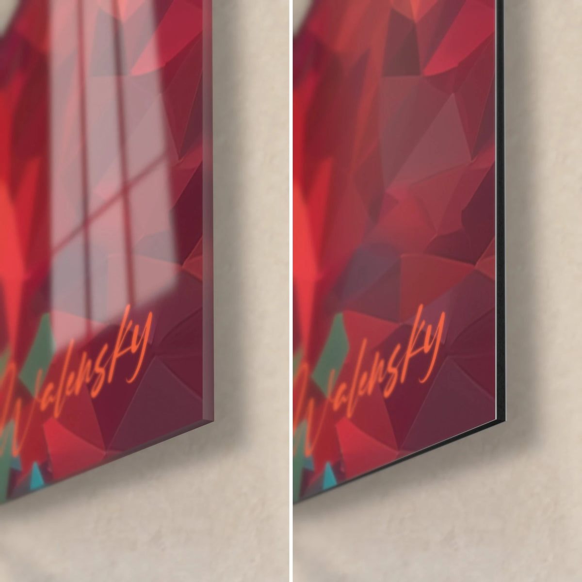 Tableau femmes en triangles low-poly, coin bas droit rouge et vert, signature orange, verre brillant et Dibond mat, tranche de 3 mm