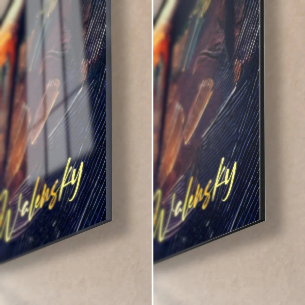 Wall art couple by the fire, bottom right corner: glossy acrylic glass on the left, matte Dibond aluminium on the right, golden Walensky signature