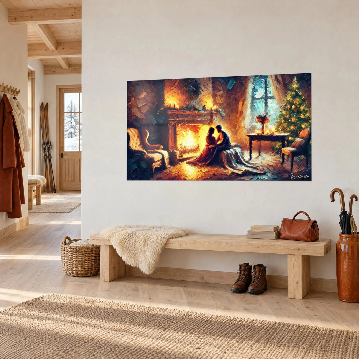 Wall art romantic scene by the fire, golden yellow flames and brown walls with thick brushstrokes, on a light chalet wall