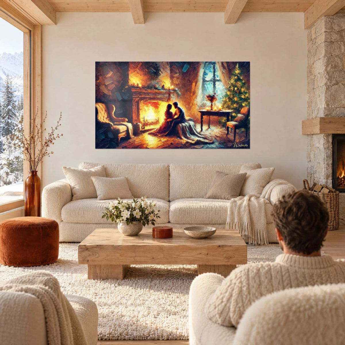 Wall art couple embracing before a blazing fireplace, ochre and glacier blue, Christmas tree in the background, above a sofa in a bright living room