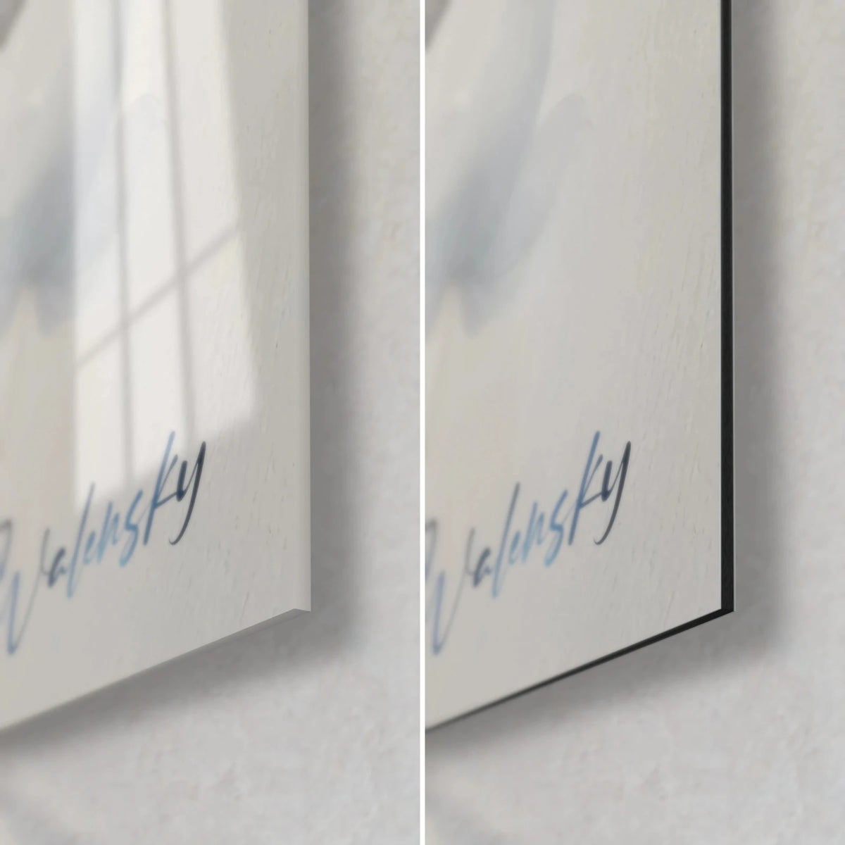Wall art blue flower in watercolor, Walensky signature in midnight blue, bottom right corner with glossy glass on the left, matte Dibond on the right