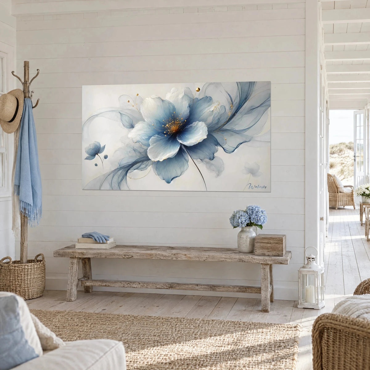 Wall art sky-blue and pearly white bloom, golden stamens, light veils, three-quarter view, seaside house
