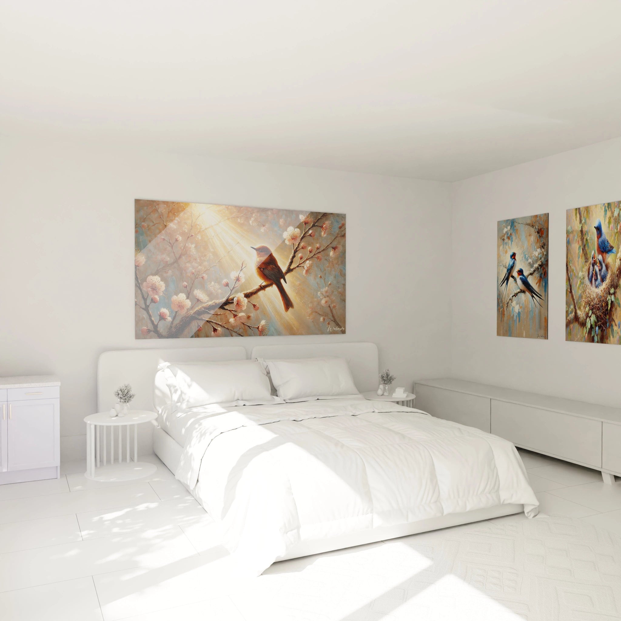 Apportez une touche de nature à votre chambre avec ce tableau oiseaux. Suspendu au-dessus du lit, il crée une ambiance apaisante, grâce à sa lumière dorée et ses fleurs de cerisier en pleine floraison.