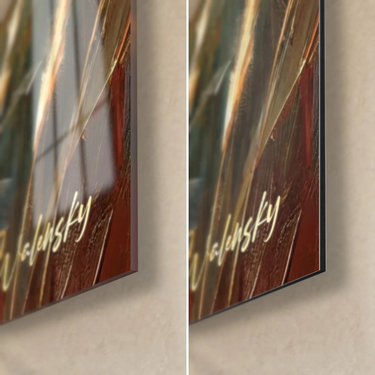 Wall art doe in golden light, bottom right corner: glossy acrylic glass on the left, matte brushed Dibond aluminum on the right, black edge, Walensky signature