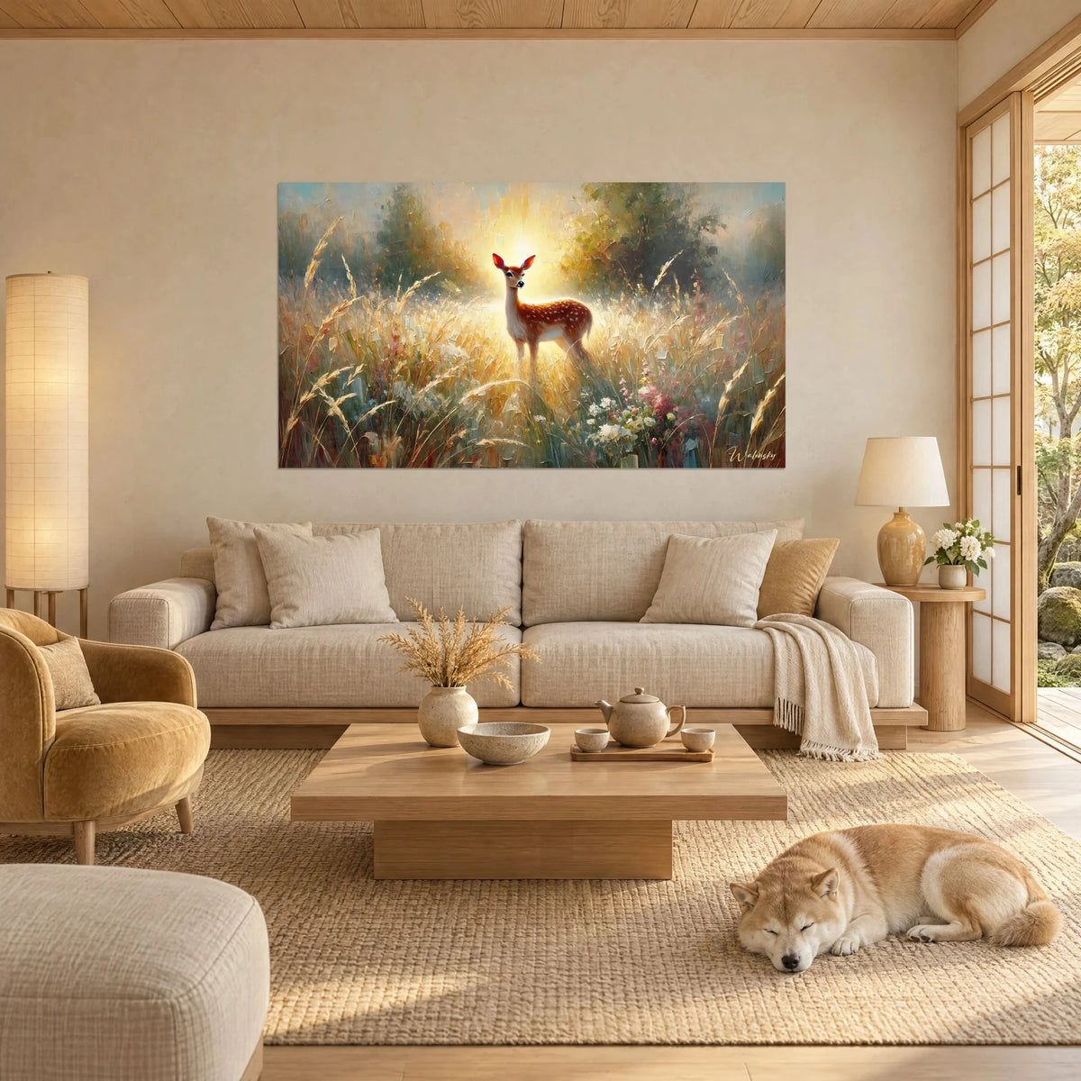 Wall art spotted fawn standing in golden grasses, yellow halo and green foliage, sleeping Shiba, above a sofa in a bright living room