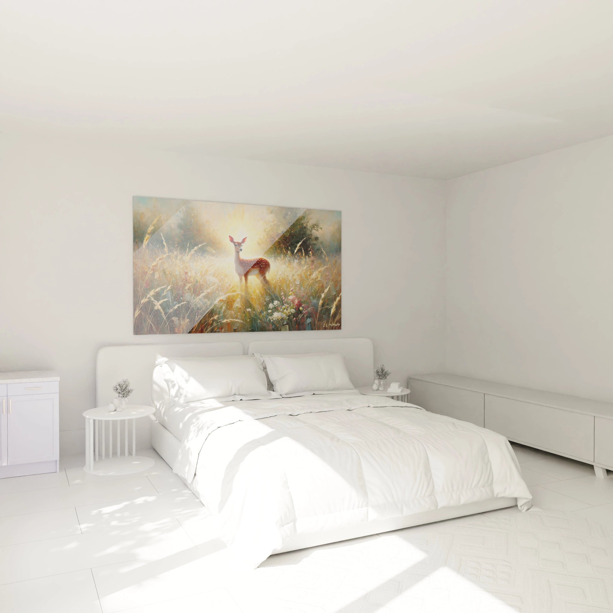 Ce tableau biche ajoute une touche de sérénité à votre chambre. Accroché au-dessus du lit, il illumine l'espace avec sa palette de couleurs chaudes et invite à la contemplation.

