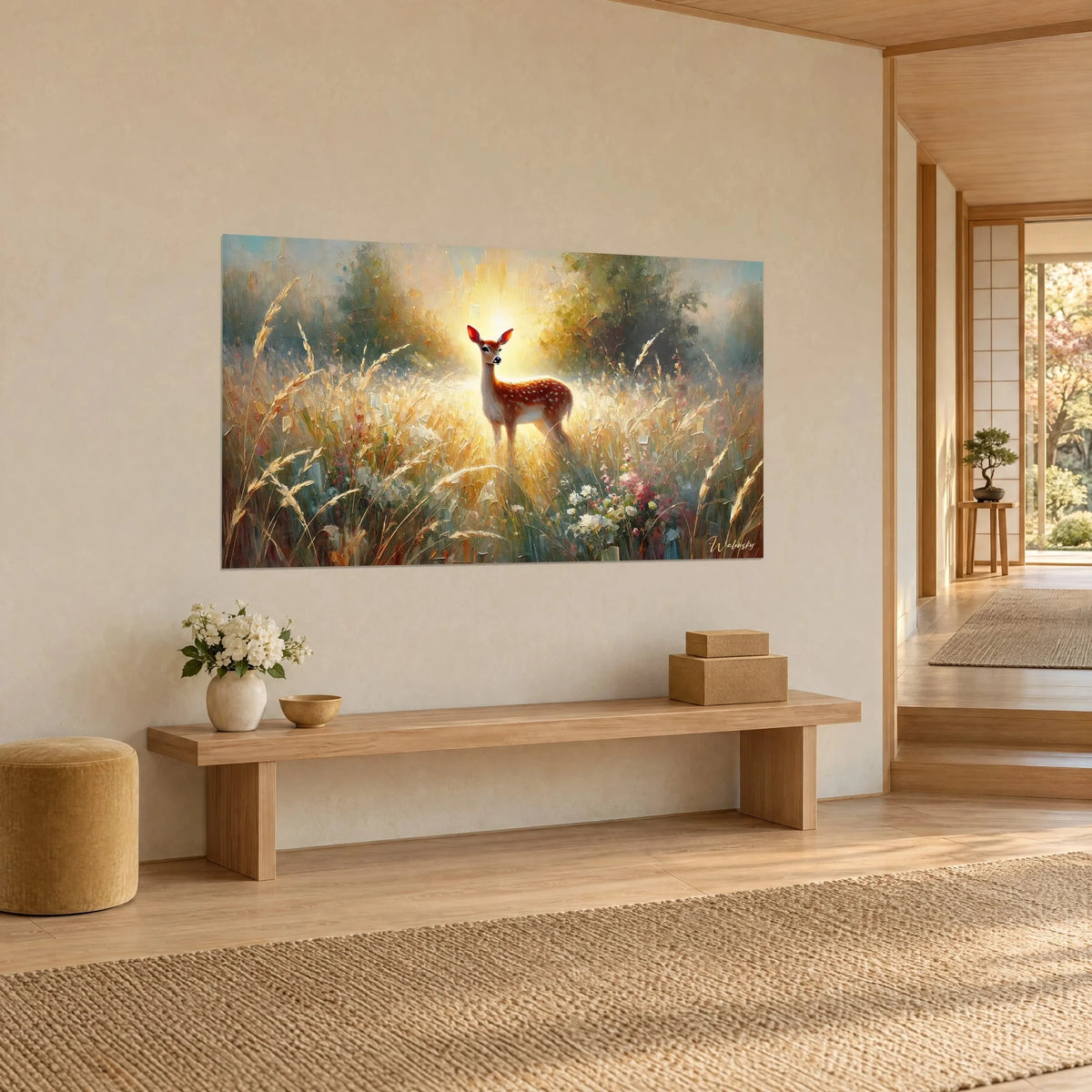 Wall art young deer with upright ears in an amber meadow, golden sky and pink flowers, three-quarter view on a cream wall