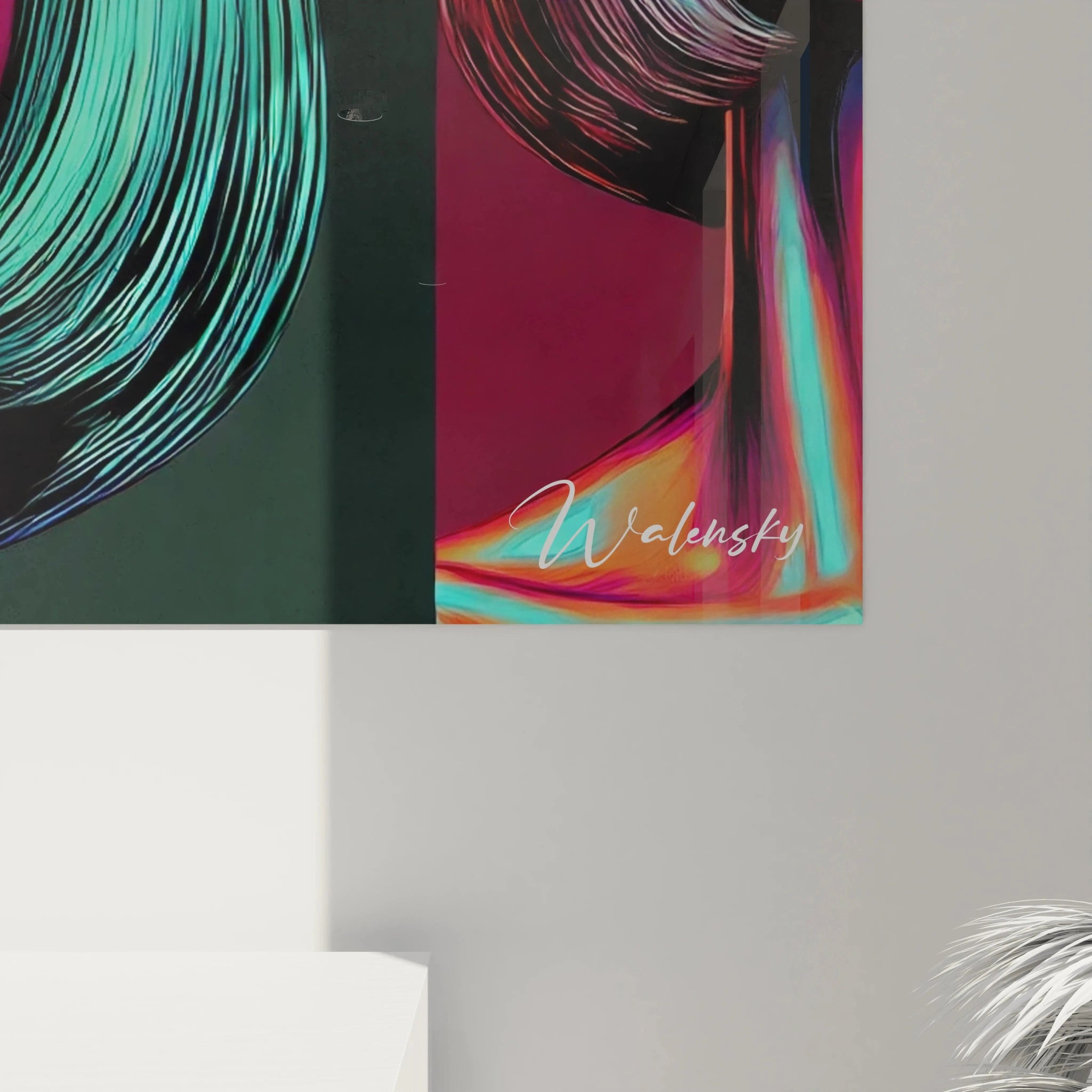 "Gros plan sur un angle du tableau en verre acrylique Pop Art / Rétro, mettant en valeur les détails artistiques et la finition brillante du verre. Art mural moderne et rétro pour décoration intérieure."