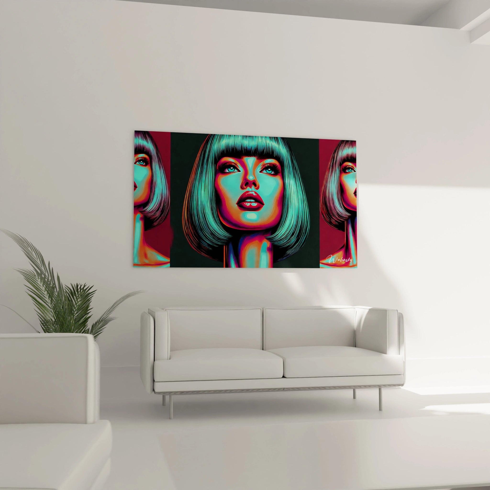 "Salon contemporain avec tableau en verre acrylique Pop Art / Rétro suspendu au-dessus du canapé. Art mural coloré et dynamique pour décoration intérieure de salon."