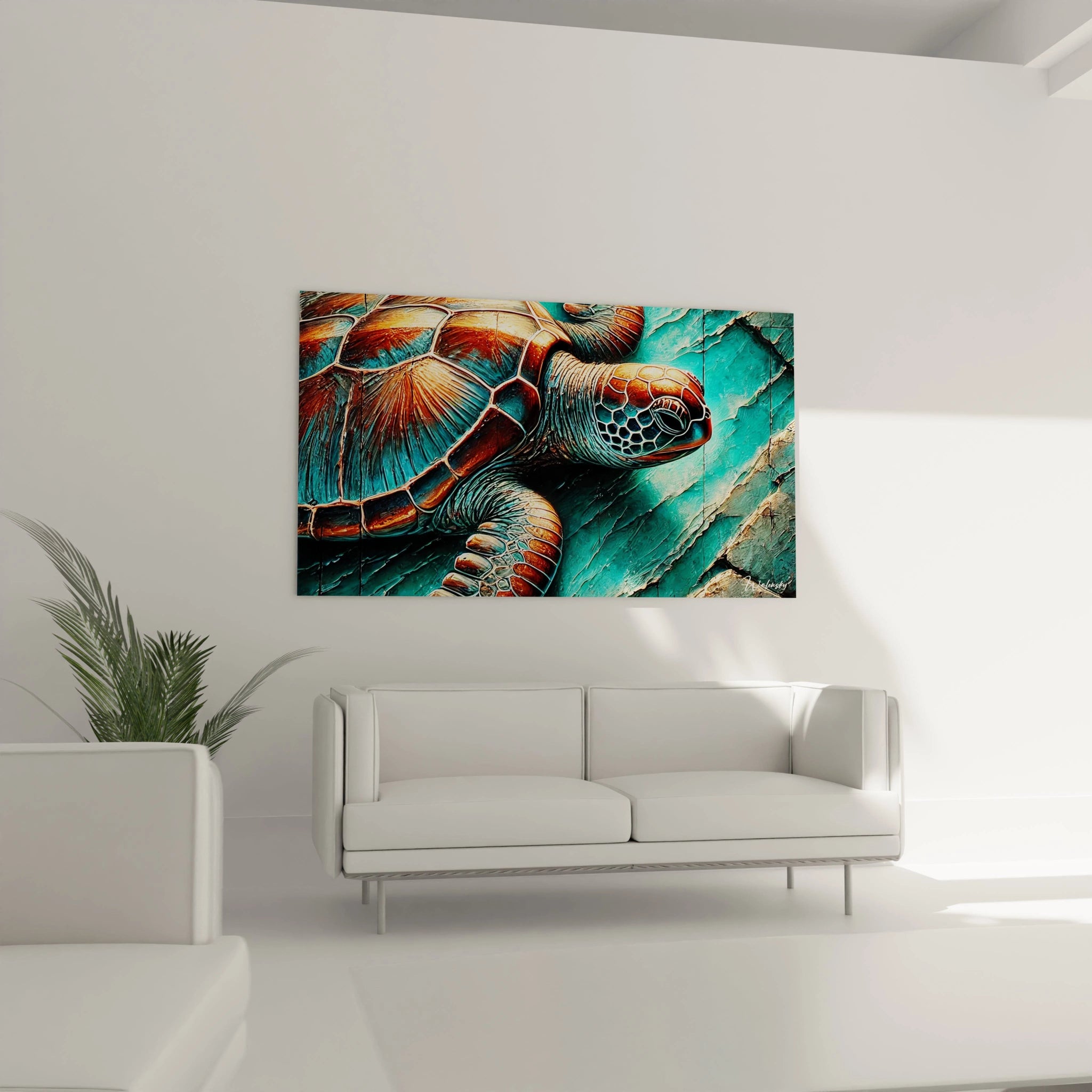 Ce tableau tortue de mer au-dessus d'un canapé transforme le salon en un espace élégant. Les nuances de bleu et d'orange évoquent la sérénité des océans, parfait pour une décoration moderne.


