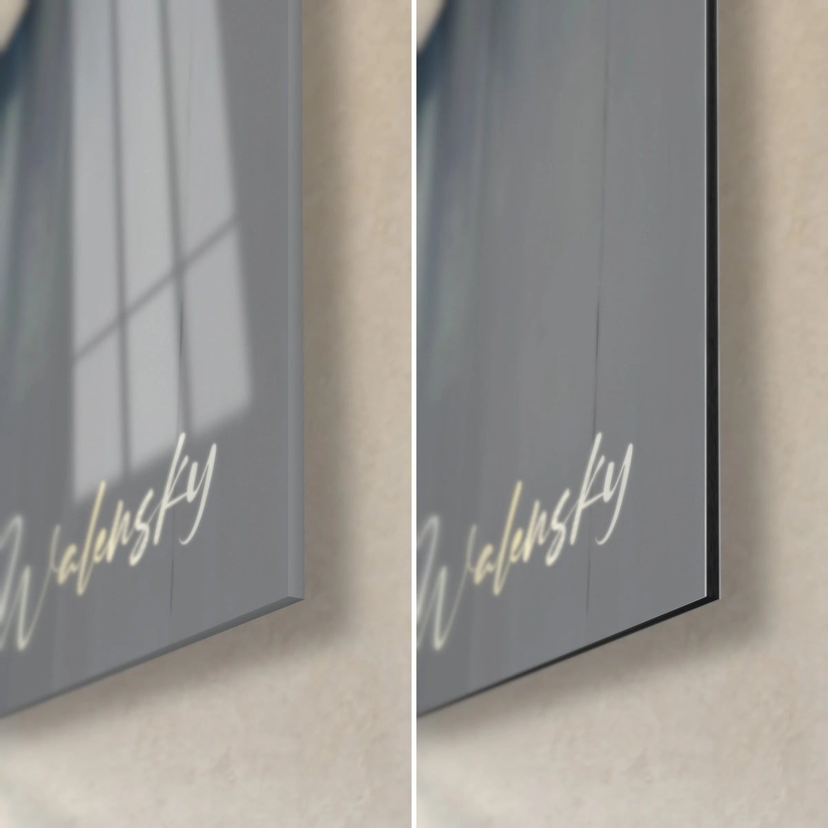 Gemälde Abstrakte Marina auf glänzendem Glas und mattem Alu-Dibond, goldene Walensky-Signatur auf grauem Grund, 3 mm schwarze Kante