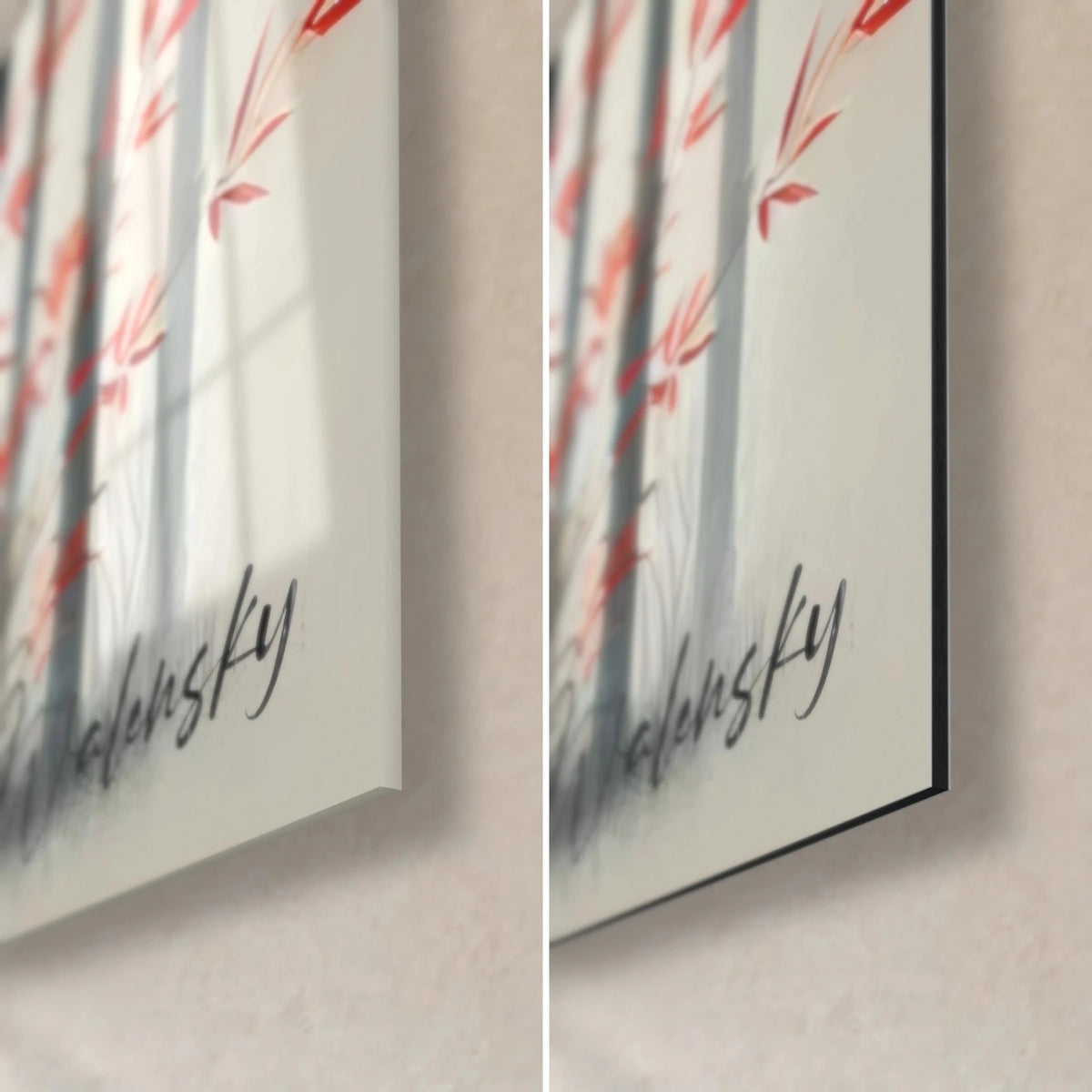 Quadro bambù grigio e fogliame rosso, angolo in basso a destra: vetro acrilico lucido a sinistra, alluminio Dibond nero opaco a destra, spessore 3 mm
