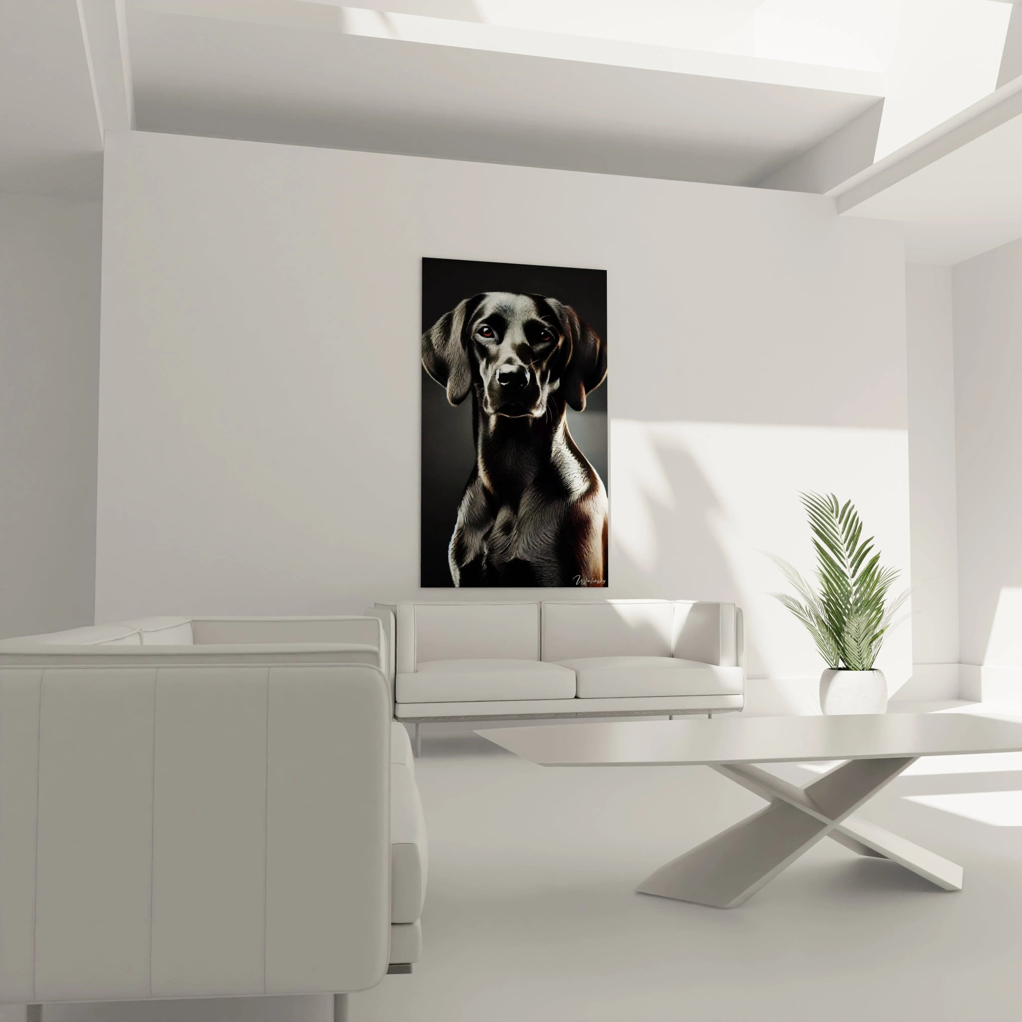 Ajoutez du caractère à votre salon avec ce tableau chien majestueux au-dessus du canapé. L'élégance de son style réaliste moderne s'accorde parfaitement à un intérieur contemporain ou minimaliste.

