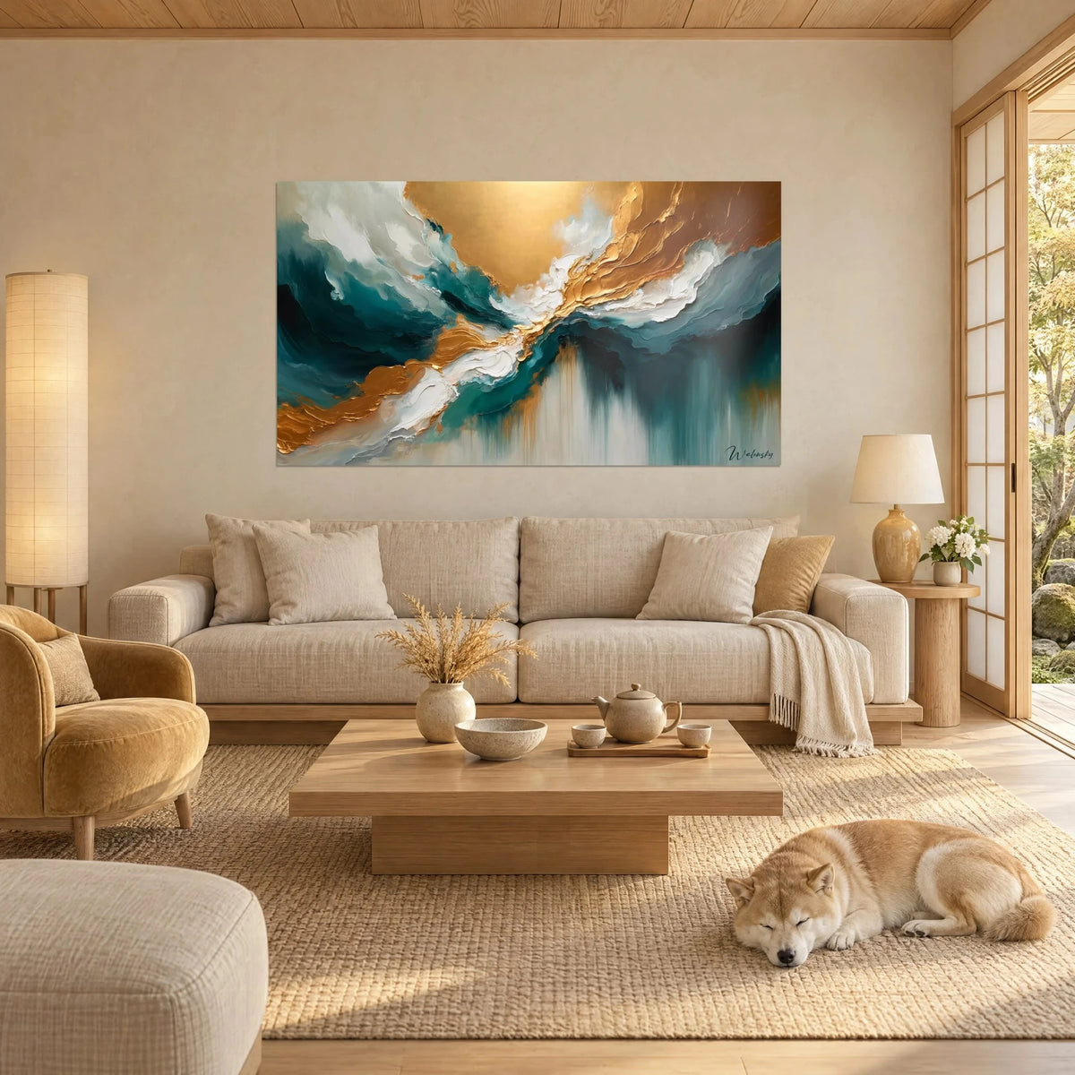 Wall art with golden and turquoise waves blended with creamy white, a Shiba lying on a rug, above a sofa in a bright living room