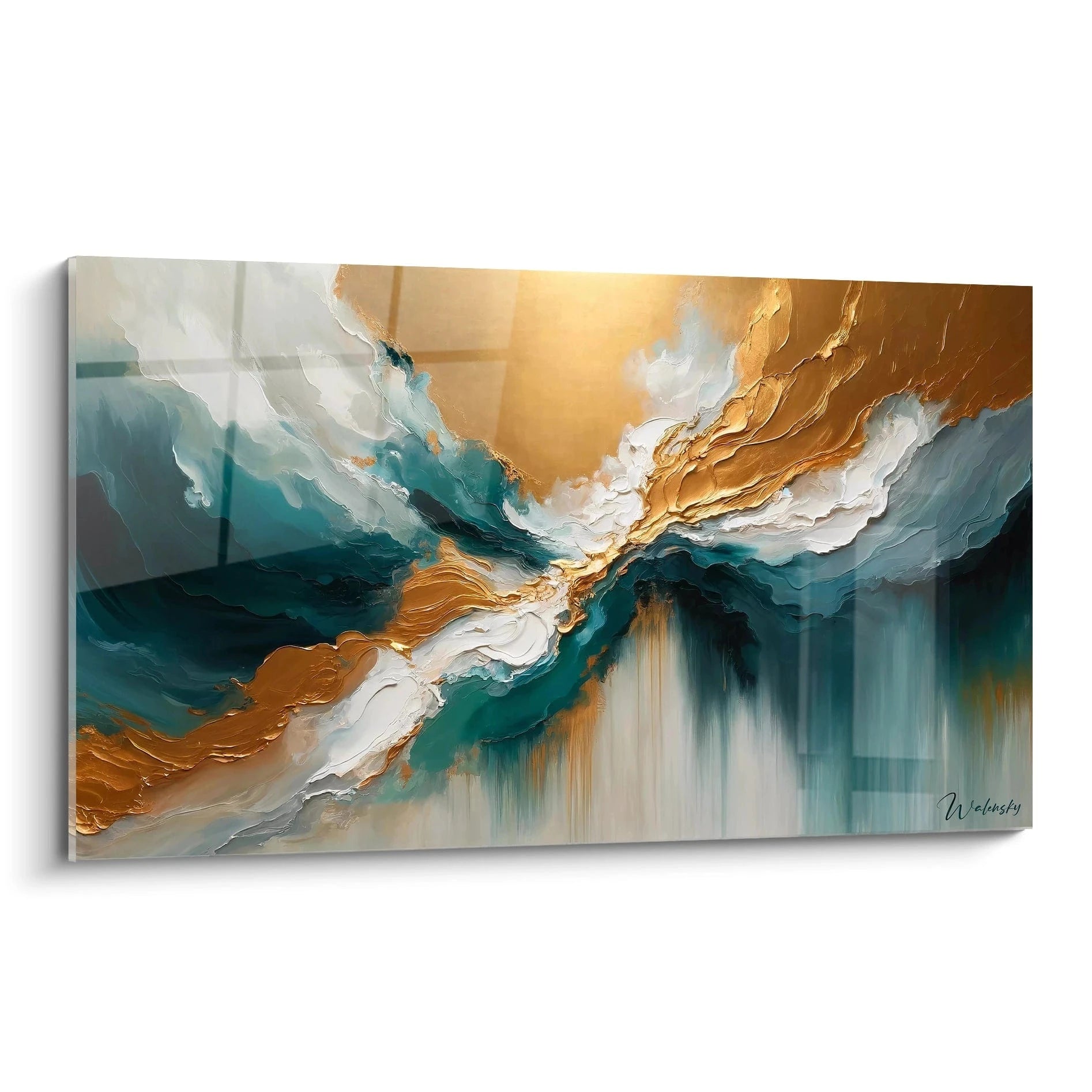 Un tableau abstrait aux allures célestes avec vagues de couleurs. Dominé par des teintes or métallisé, turquoise profond, blanc pur et bleu-vert. La texture présente d'épais empâtements créant un relief sculptural dans la partie supérieure, contrastant avec des coulures verticales fluides dans la partie inférieure.
