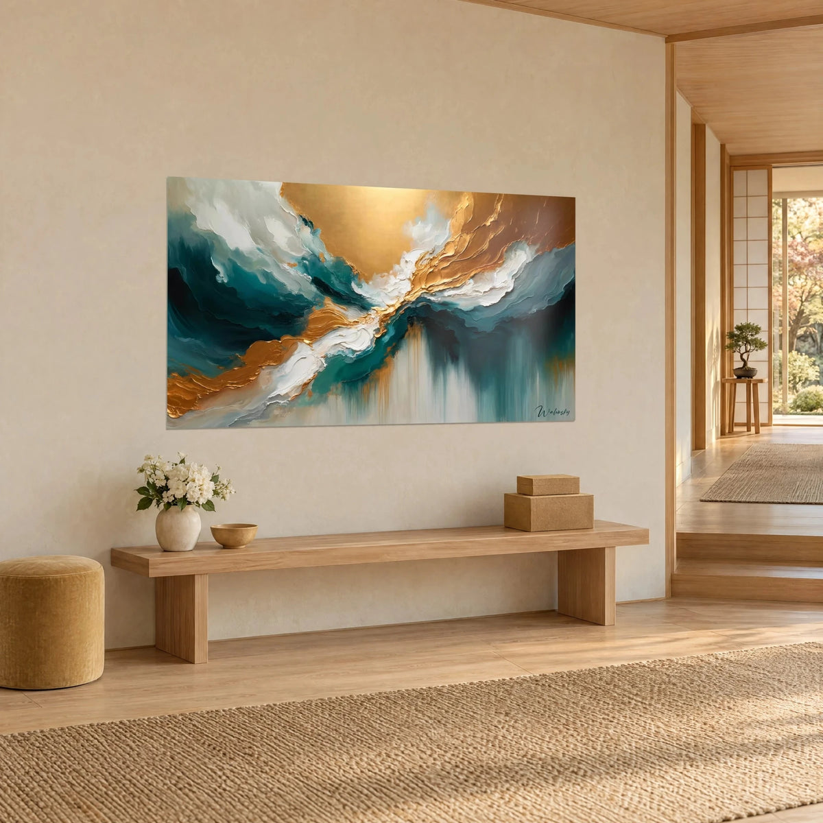Wall art with abstract ocean in hammered gold, deep petrol blue and thick white, seen three-quarter view above a light wood bench