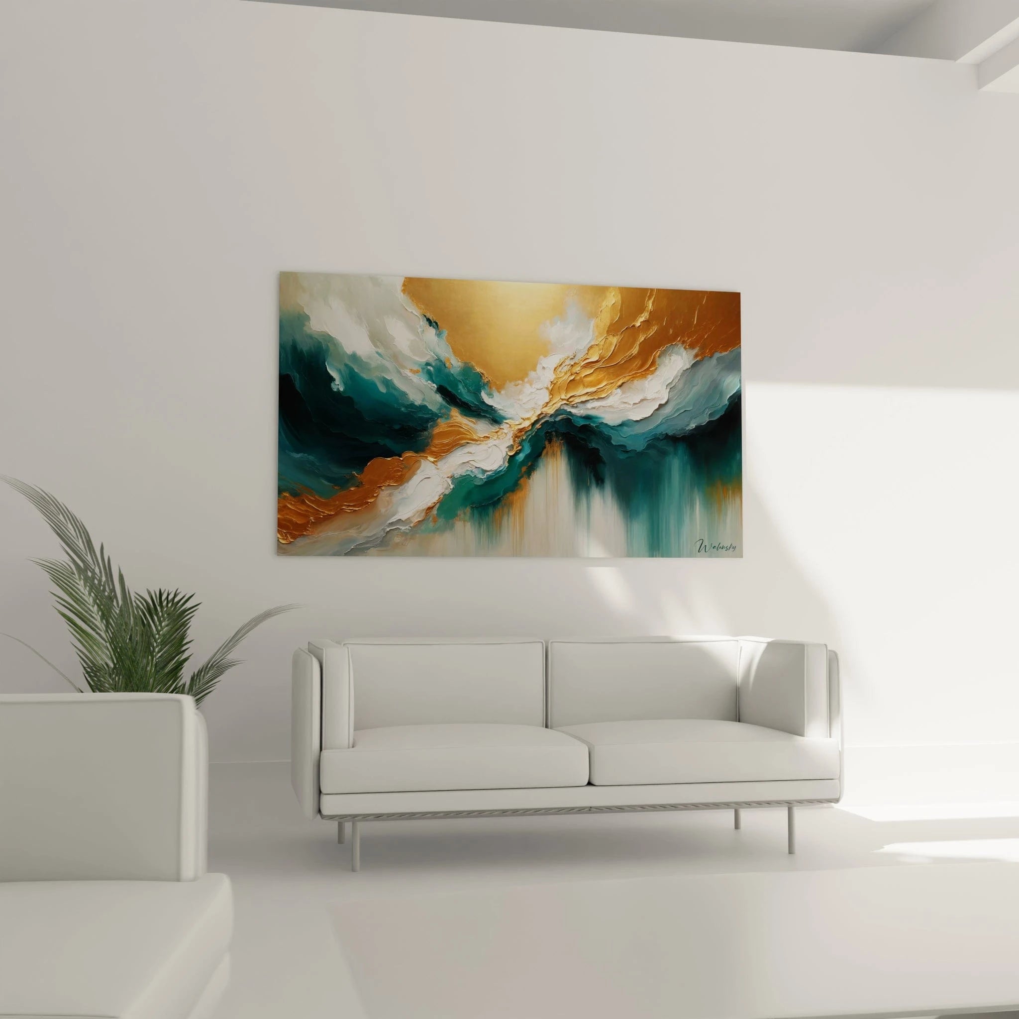 Un tableau abstrait évoquant un ciel orageux au-dessus de l'eau. Les couleurs principales sont or brillant, bleu canard, blanc nacré et turquoise. La texture montre des couches épaisses de peinture appliquées en reliefs ondulants qui se transforment en traits verticaux fluides, créant un contraste entre solidité et fluidité.
