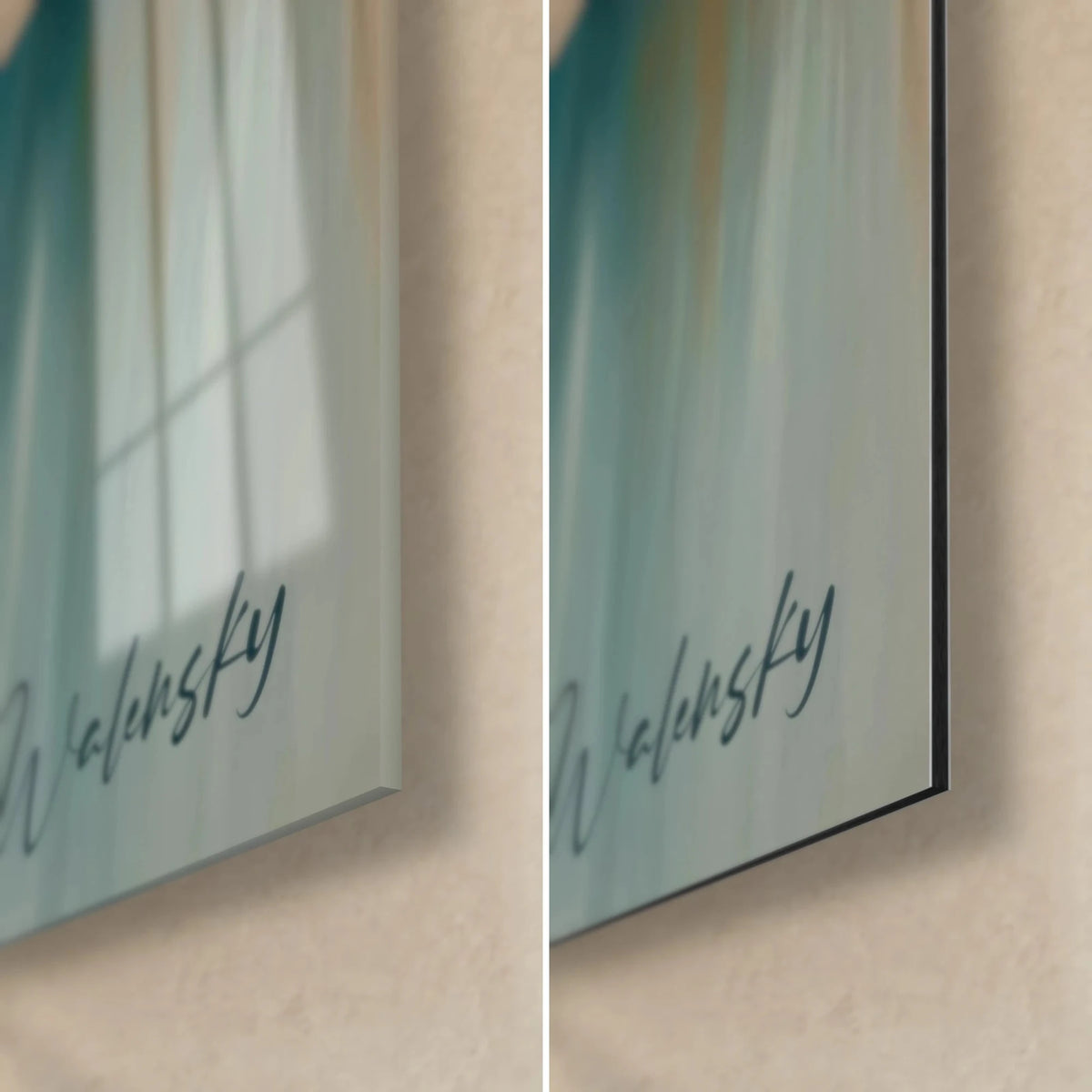Wall art with a swirl of gold and duck blue, Walensky signature bottom right: glossy acrylic glass and matte Dibond aluminium, 3 mm thick
