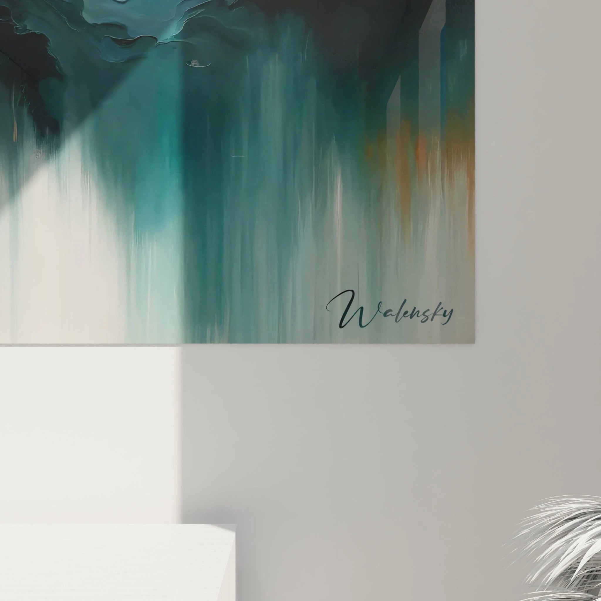 Un tableau abstrait de convergence fluide avec reliefs. Utilise une palette d'or métallique, turquoise profond, blanc ivoire et bleu-vert. La texture présente de généreux empâtements formant des vagues et crêtes dorées et blanches qui s'entrelacent avec des masses turquoise, se dissolvant en coulures verticales dans la partie inférieure de la composition.
