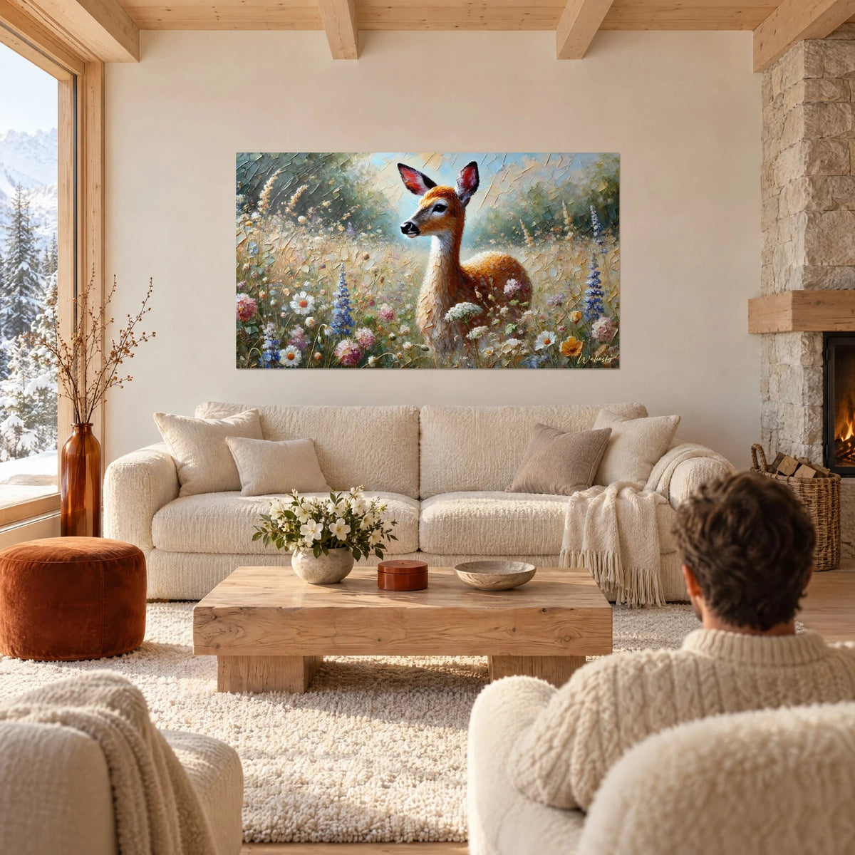 Wall art young doe with russet coat in a flowering meadow, ochre and periwinkle blue touches, above a sofa in a bright living room
