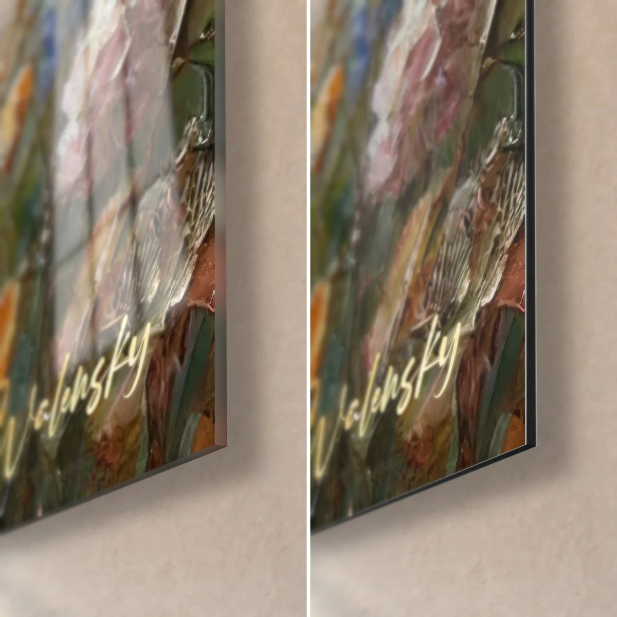 Wall art copper-coated doe among white and pink daisies, bottom right corner, glossy glass on the left, matte Dibond on the right