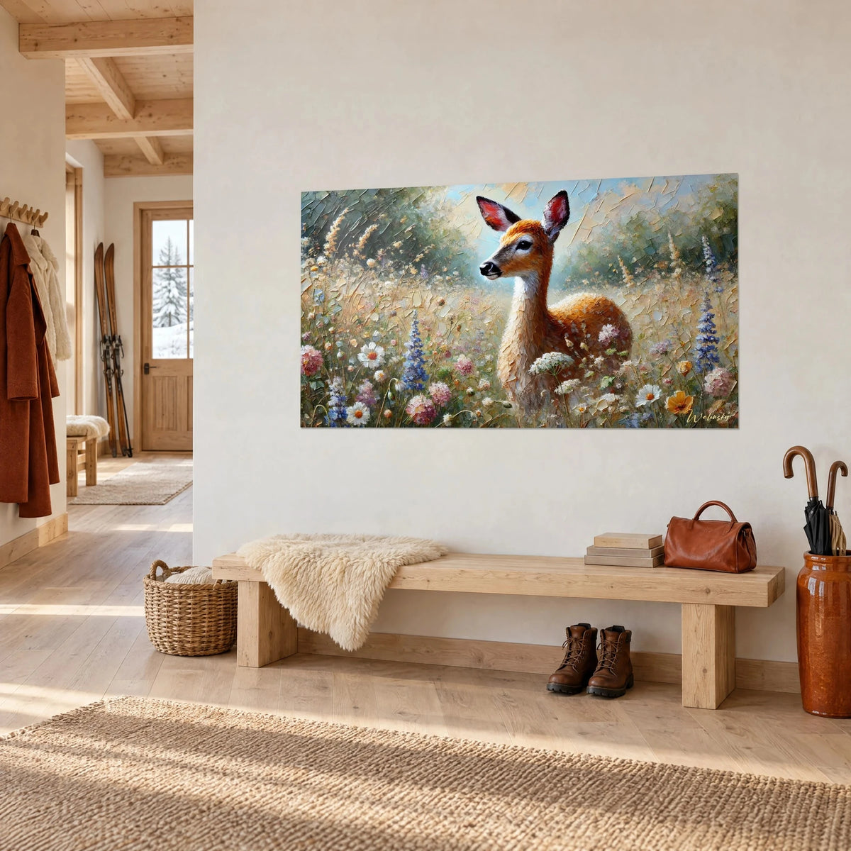 Wall art fawn with large rosy ears, cream and blue wildflowers in palette knife technique, wooden bench of a chalet