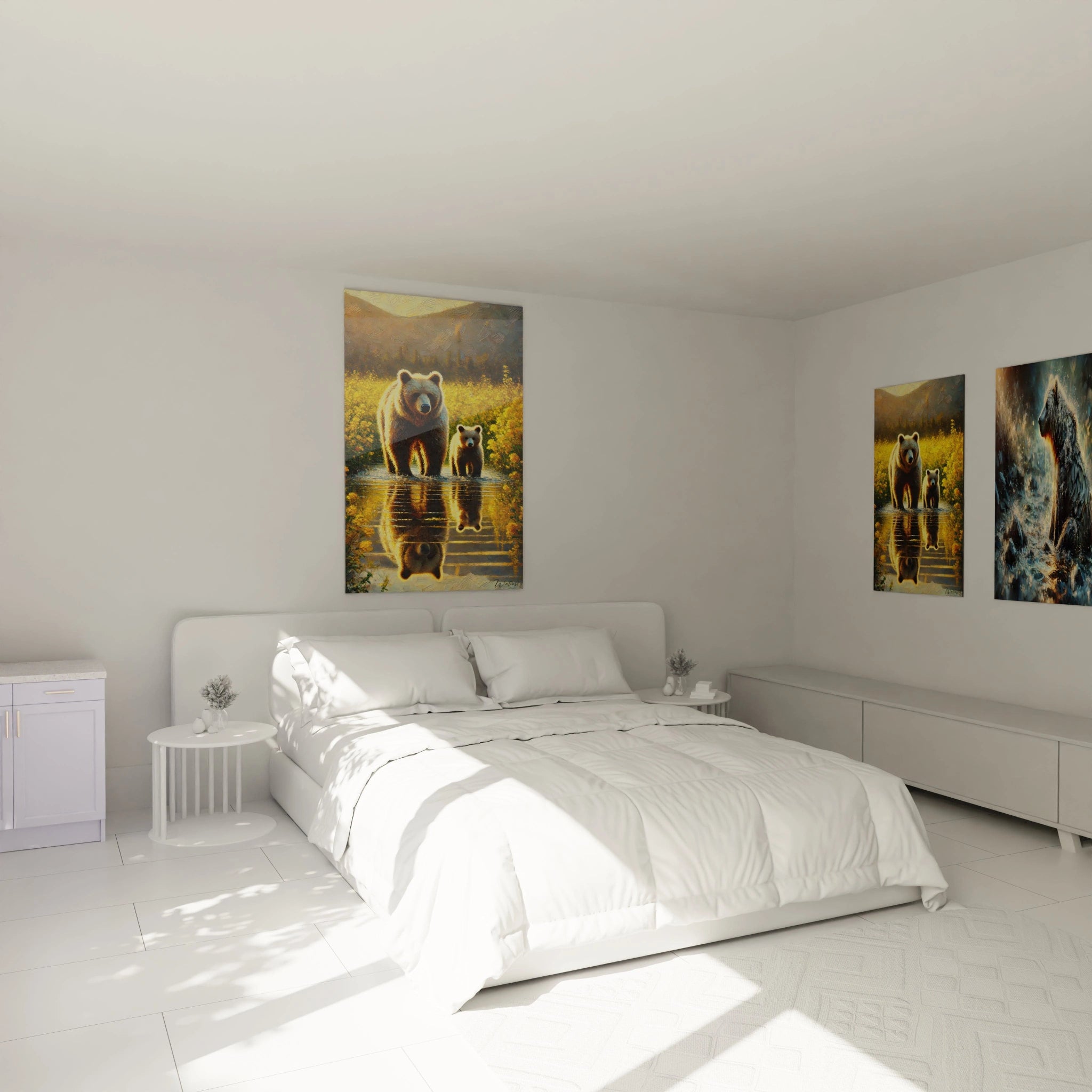  Accroche dans une chambre, ce tableau ours brun ajoute une touche de serenite et de douceur avec ses tons chauds et sa representation d’une relation protectrice entre une mere et son petit.