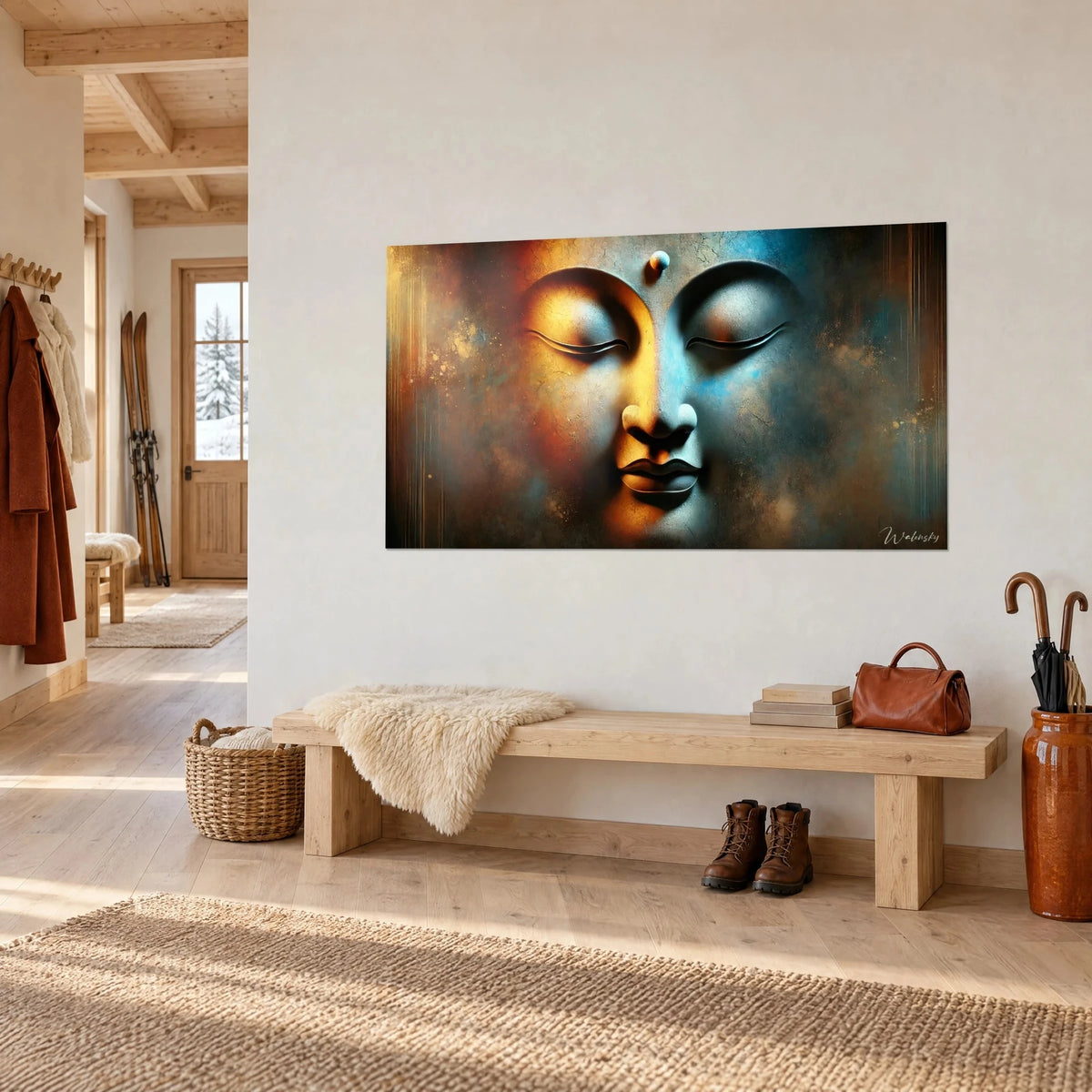 Quadro serenità di una testa del Buddha in rilievo screpolato, ocra dorata e blu ghiacciaio, su una parete bianca d'ingresso di chalet