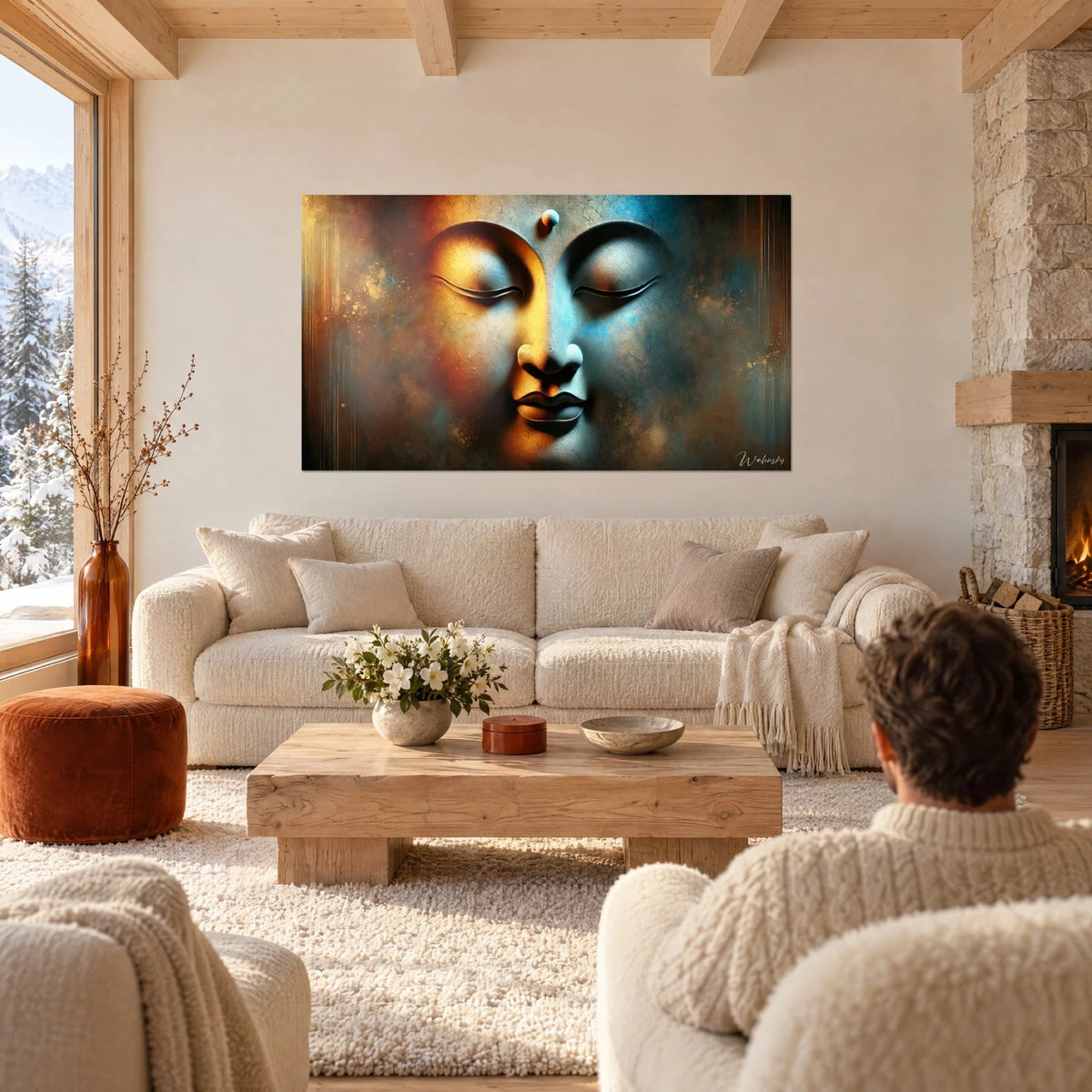 Quadro volto del Buddha con le palpebre chiuse, metà ambra e metà blu turchese, sopra un divano in un soggiorno luminoso
