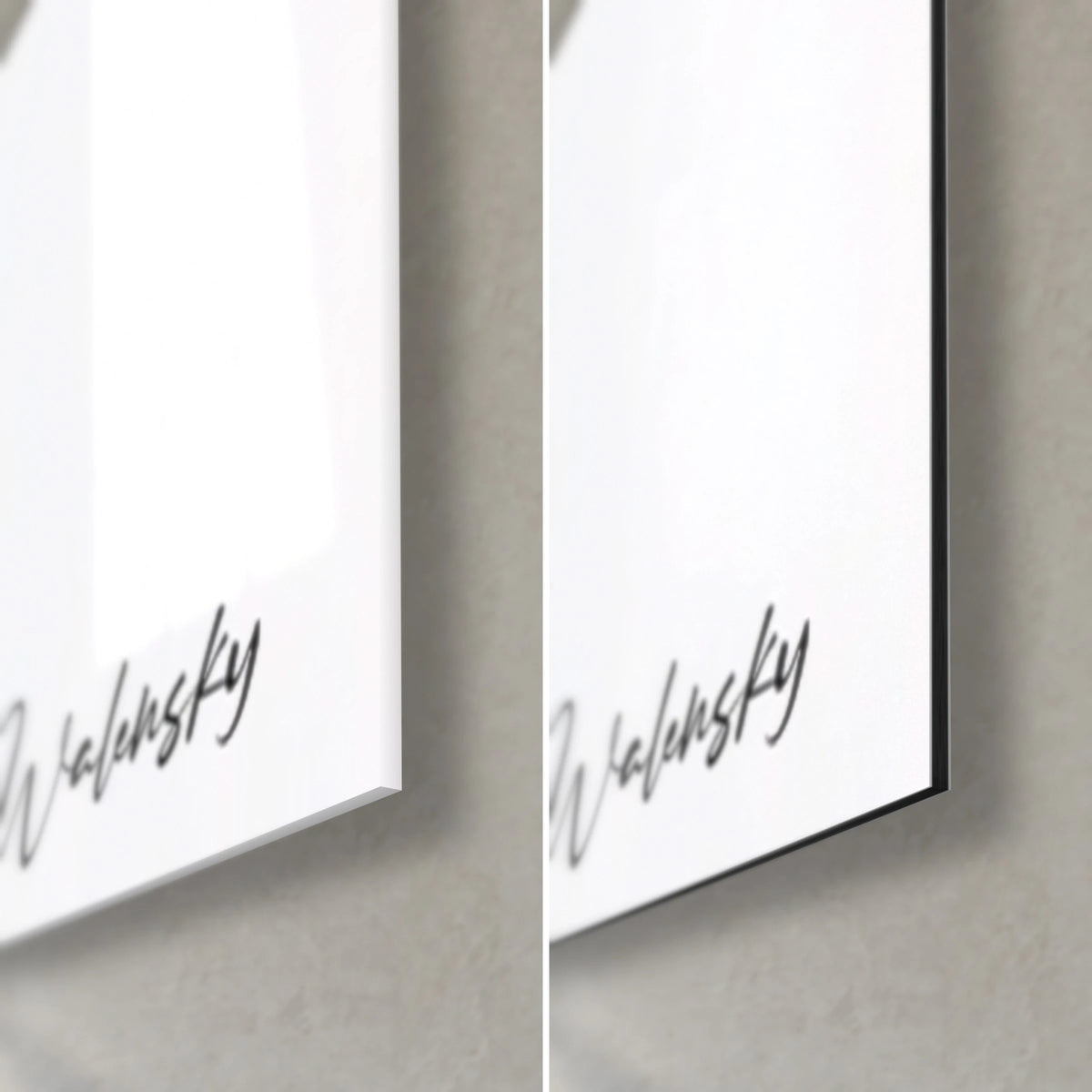 Quadro sagoma zebrata in bianco e nero, angolo in basso a destra: vetro lucido con riflessi, alluminio Dibond grigio opaco e bordo da 3 mm