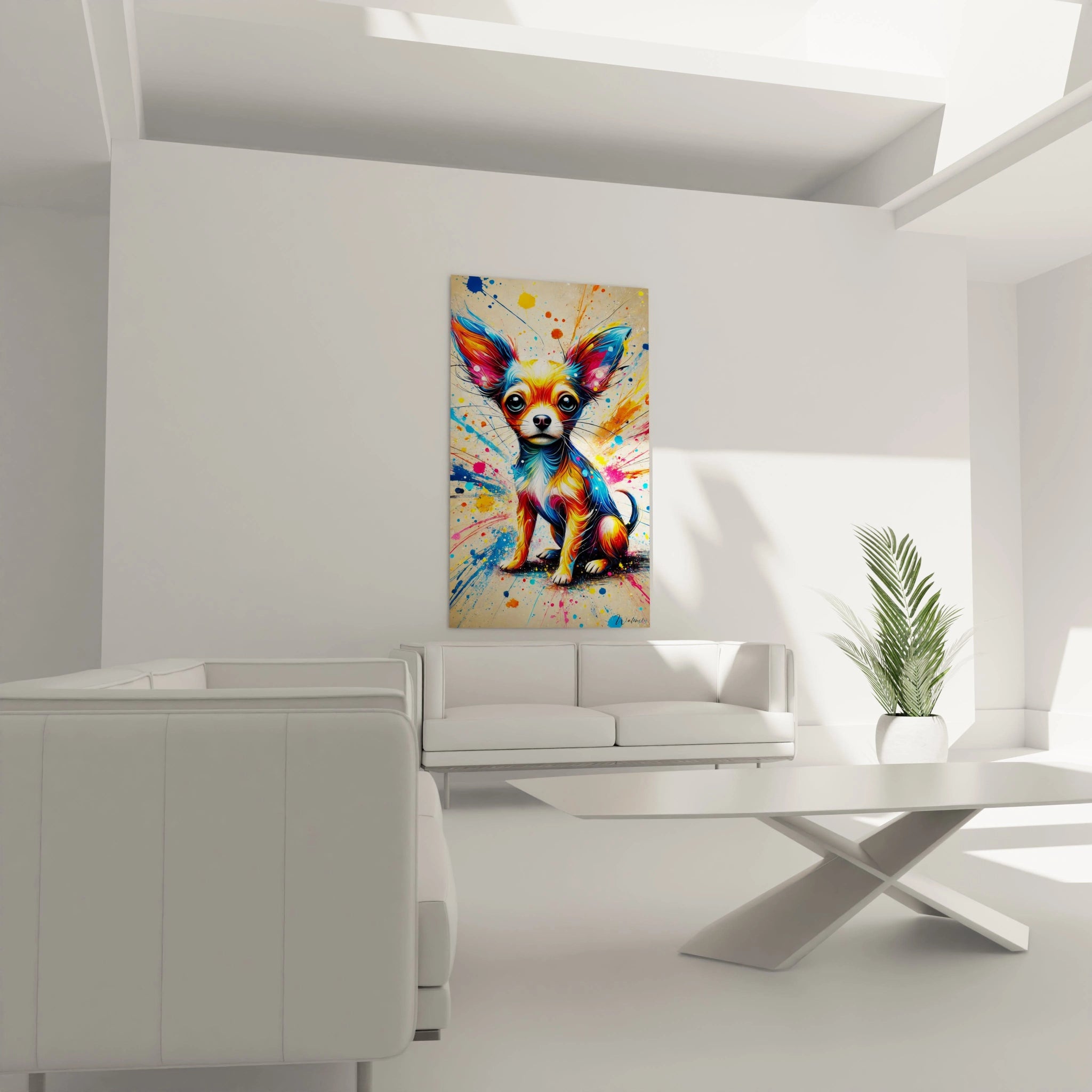 Ce tableau chien accroche au mur au dessus du canapé donne vie a ce salon contemporain. Avec ses couleurs vibrantes et sa touche artistique abstraite, il rehausse l'ambiance de la pièce.

