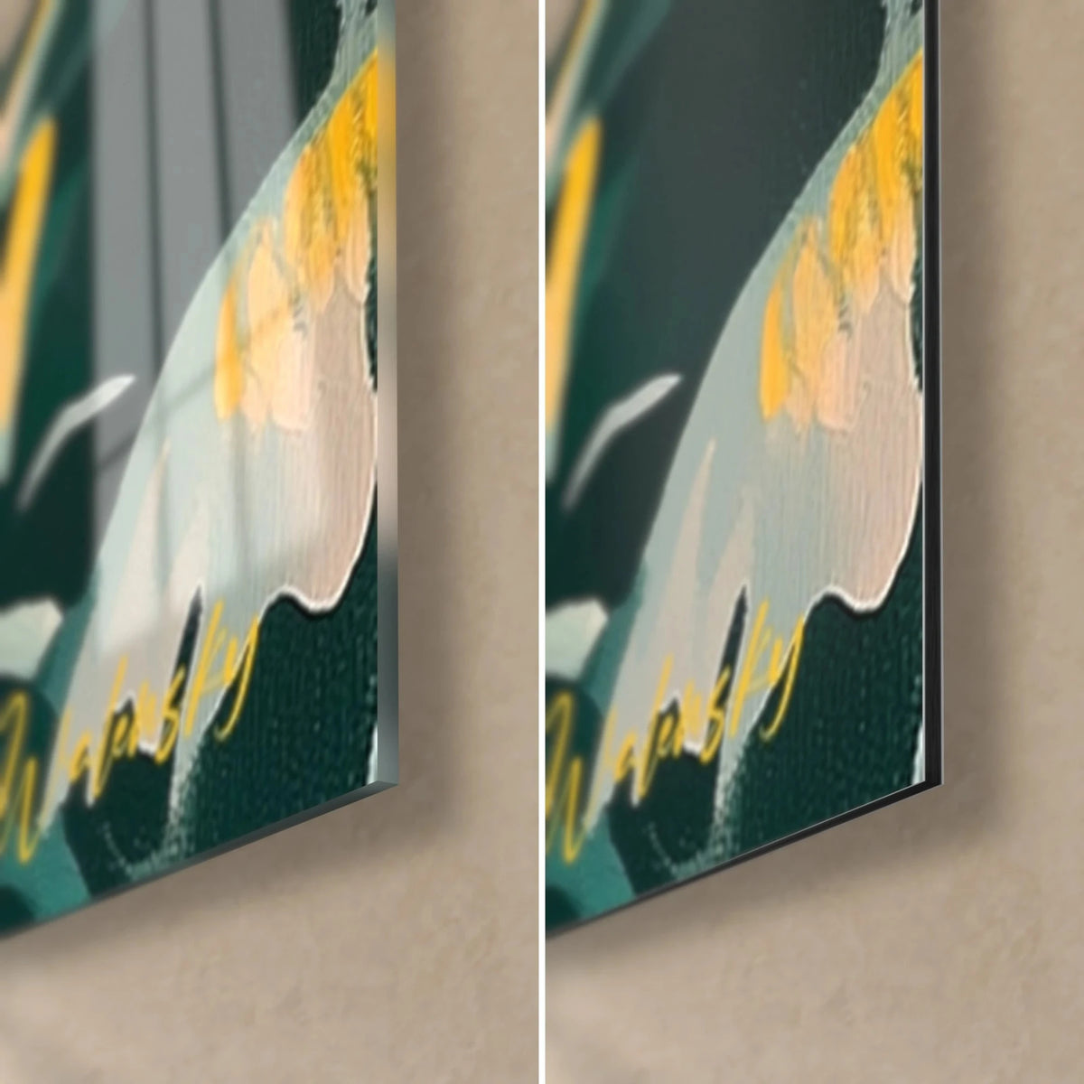 Wall art of golden palm fronds and deep green, yellow signature in the bottom right corner, glossy glass on the left, matte Dibond on the right, 3 mm edge