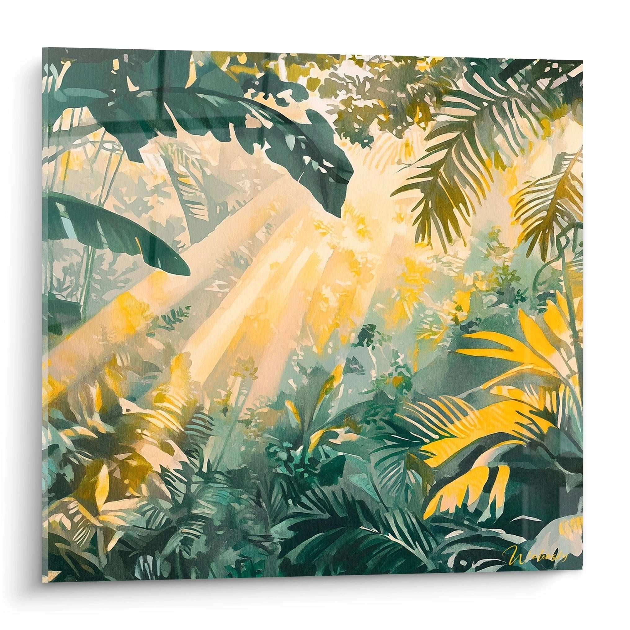 Un tableau forêt tropicale représentant des rayons de soleil dorés perçant à travers une dense végétation verte. Les feuilles de palmiers et de bananiers encadrent la scène, créant un contraste entre zones d'ombre émeraude et explosion lumineuse centrale.
