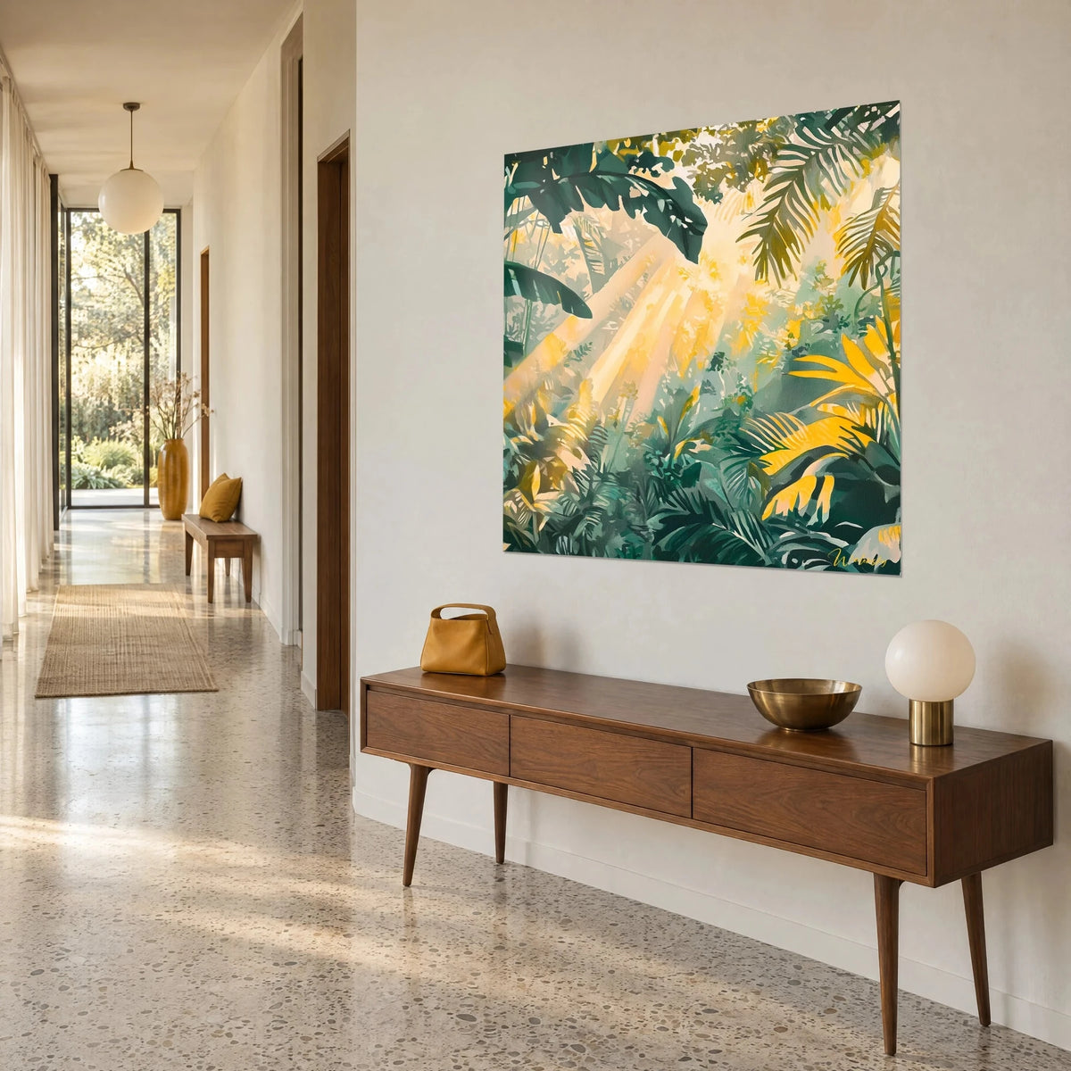 Wall art jungle in painting, pale yellow shaft of light between emerald palm fronds, at the end of a 50s hallway