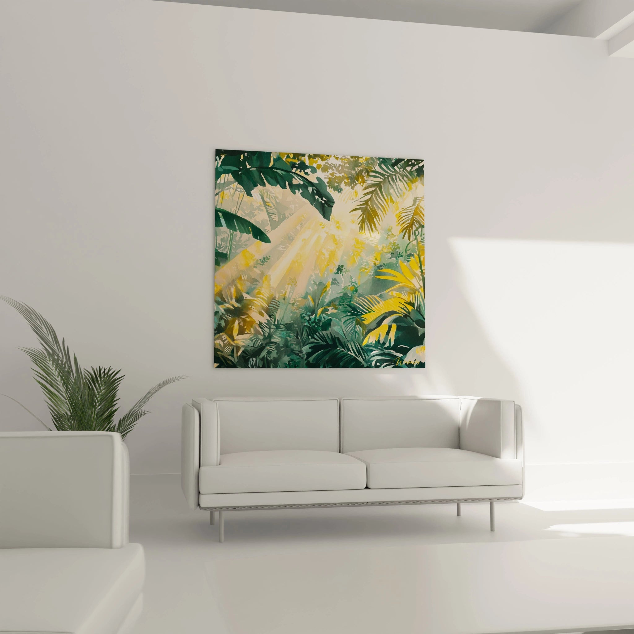 Un tableau forêt illuminée où des rayons de soleil traversent un feuillage tropical dense. La palette associe verts profonds, jaunes lumineux et beiges doux. La technique semi-impressionniste crée une atmosphère vibrante avec jeux d'ombre et de lumière sur les grandes feuilles.
