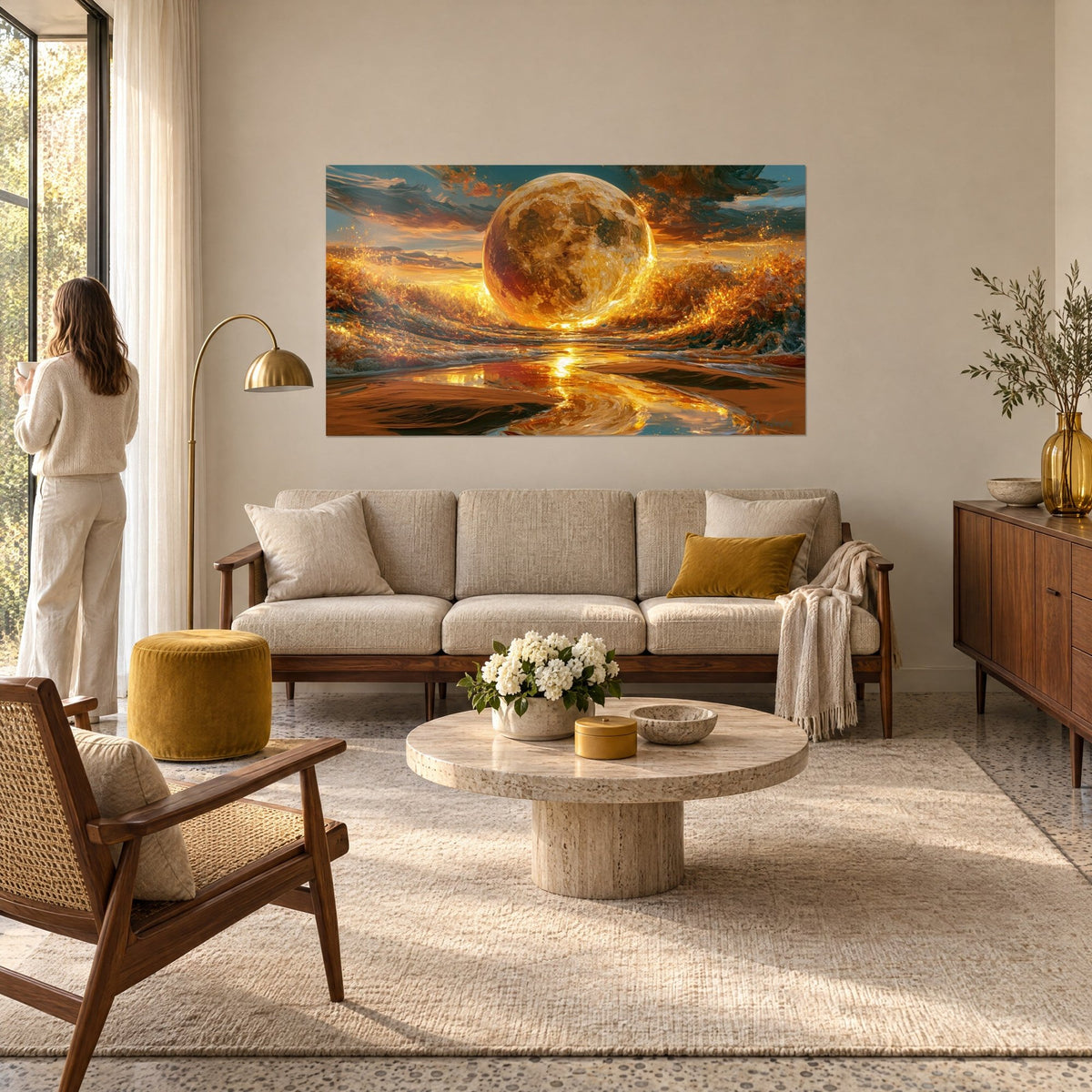 Cuadro luna llena dorada que surge de un mar ardiente, cielo gris azulado y reflejo ámbar, sobre un sofá en un salón luminoso