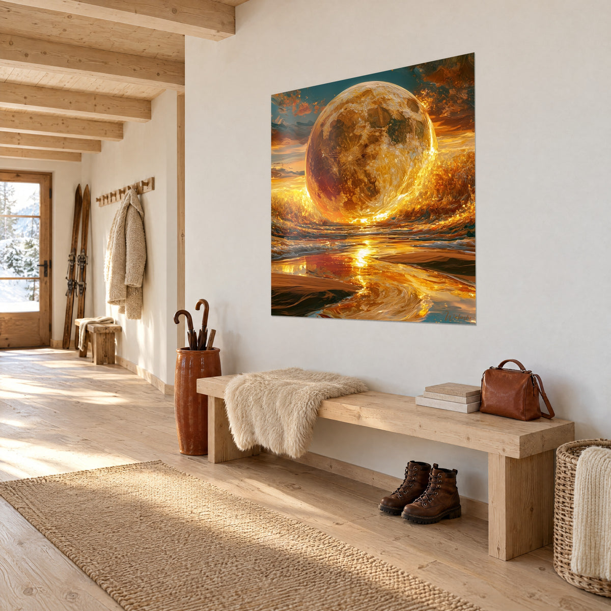 Cuadro astro con cráteres resplandeciente, reflejos anaranjados sobre arena mojada, visto de tres cuartos, cabaña de madera clara junto a un banco