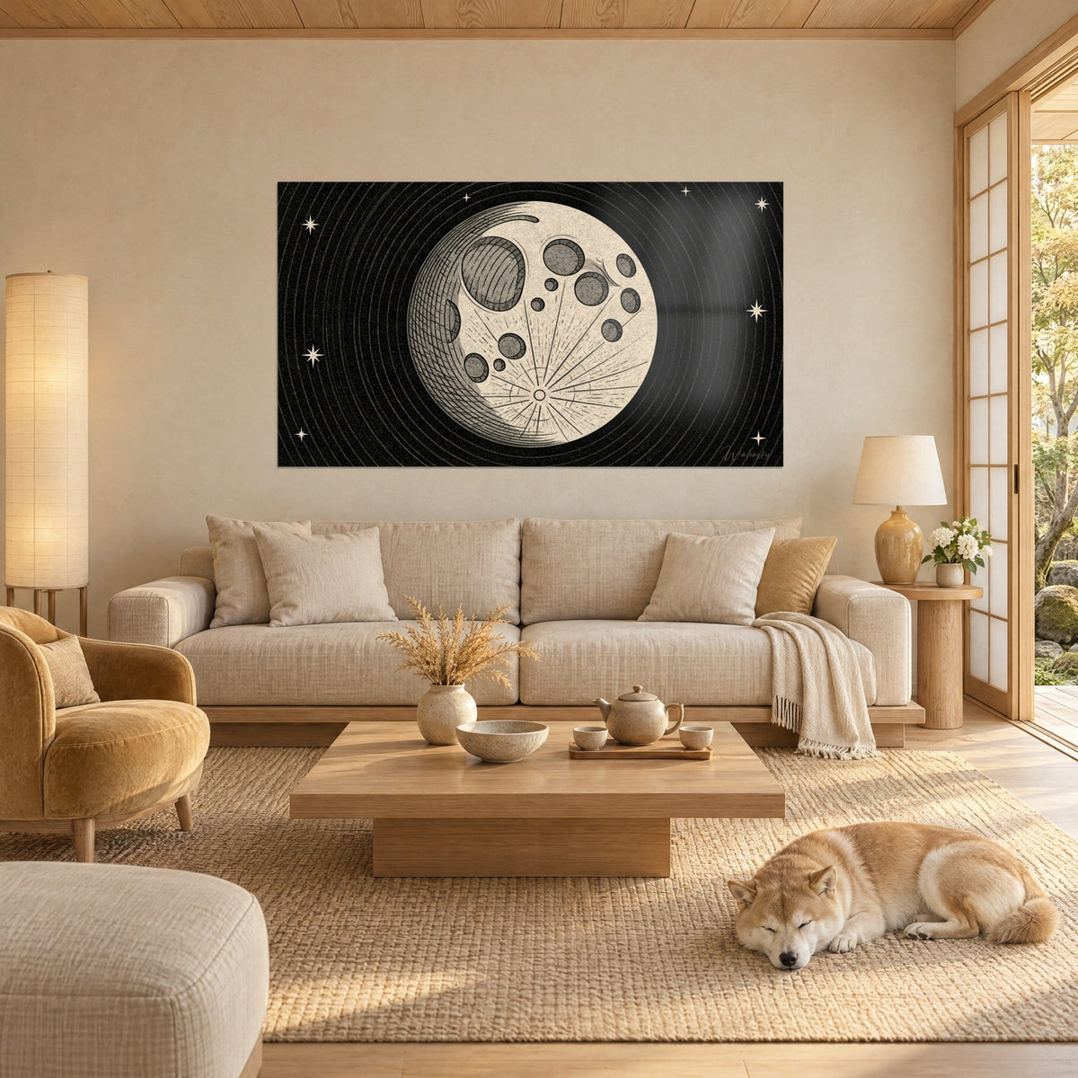 Tableau pleine lune ivoire aux cratères sombres sur fond noir étoilé, Shiba endormi, au-dessus d'un canapé dans un salon lumineux