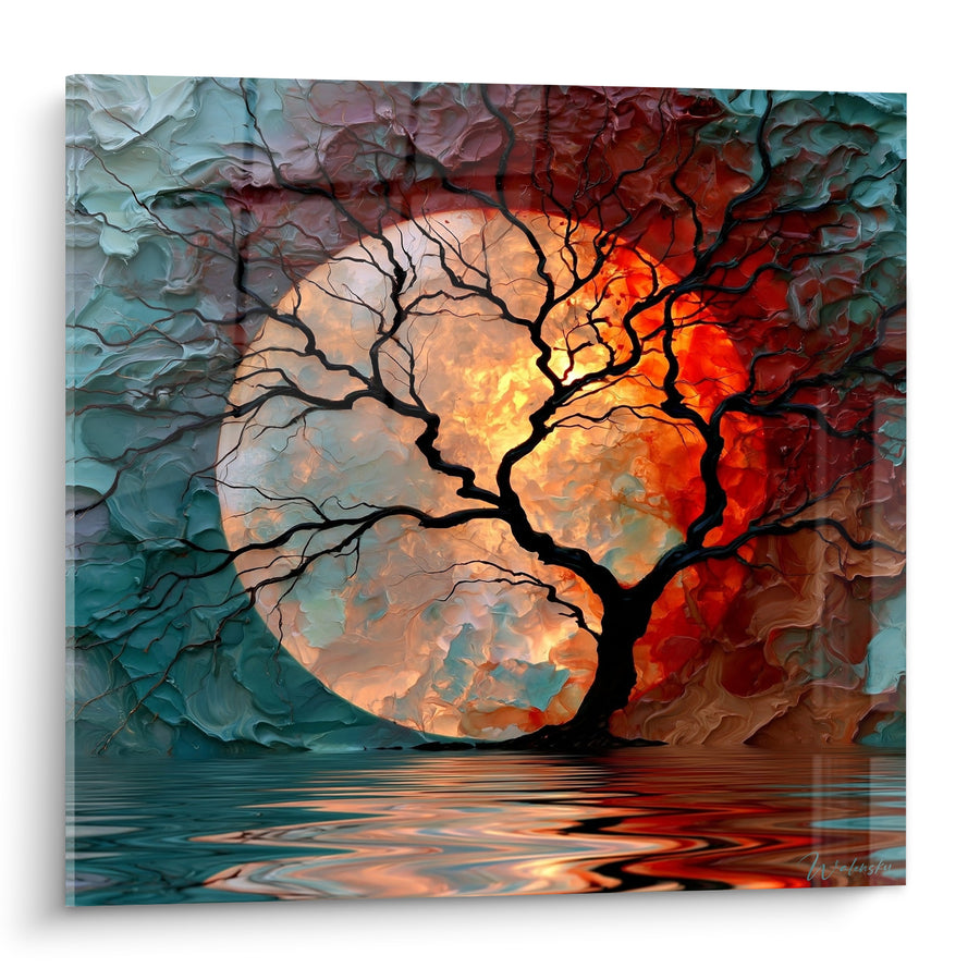 Tableau Arbre solitaire lune turquoise et corail - Veille silencieuse - Edition Lune