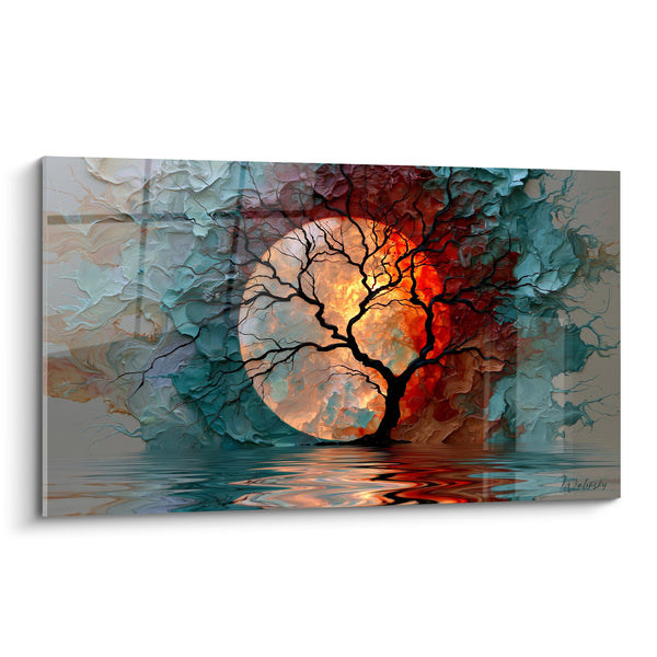 Tableau Arbre noir aux teintes turquoise et rouge - Veillée incandescente - Edition Lune