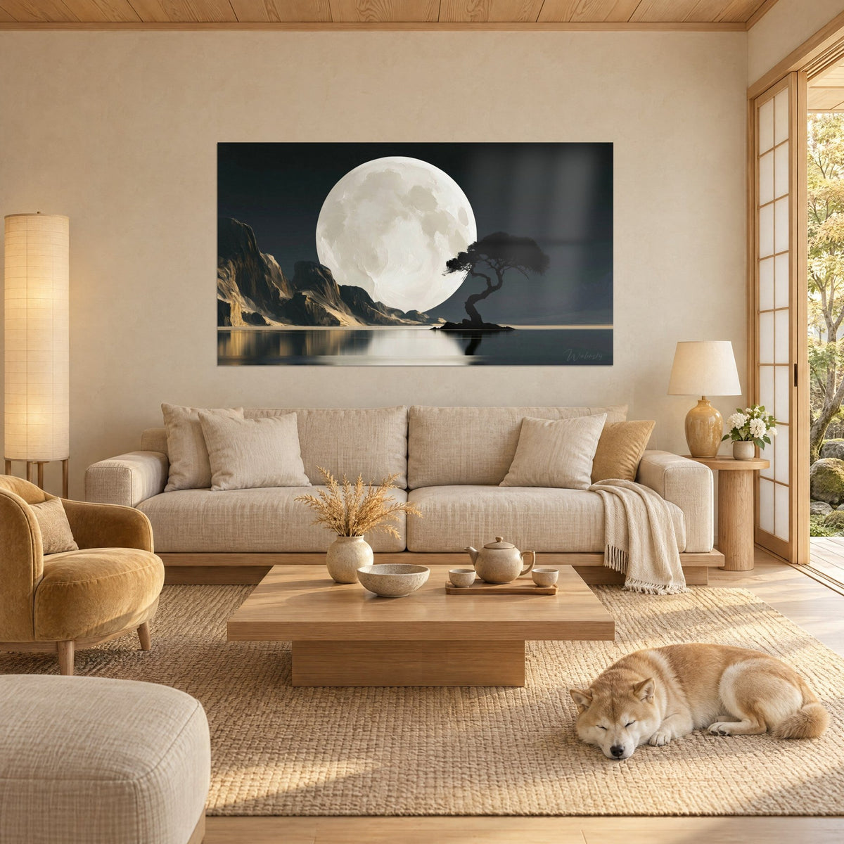 Wall art with a giant ivory full moon above a leaning black tree, golden cliffs on charcoal water, hung above a sofa in a bright living room