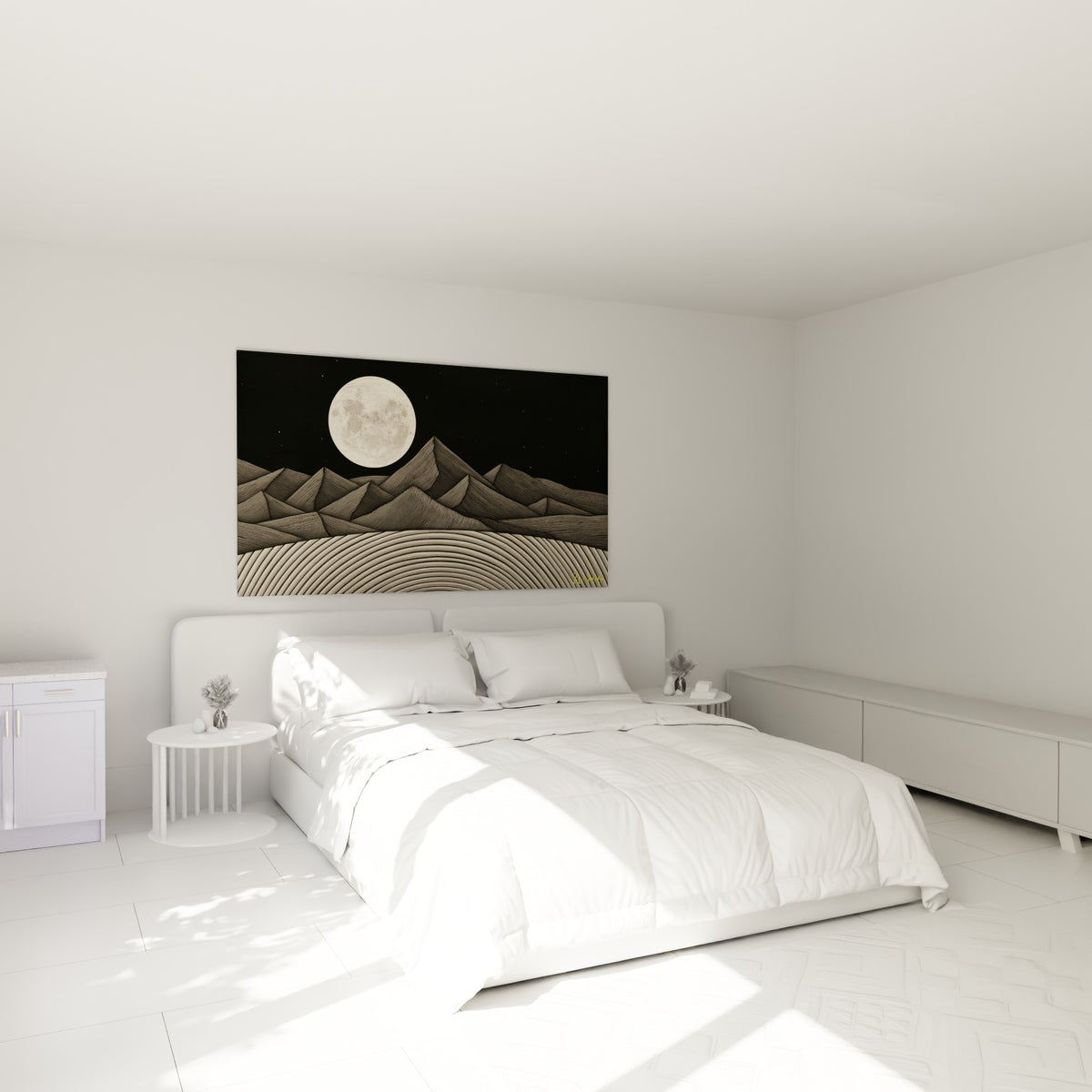 Astre lunaire ivoire dominant des reliefs gravés gris et noir, au-dessus d'un lit dans une chambre claire
