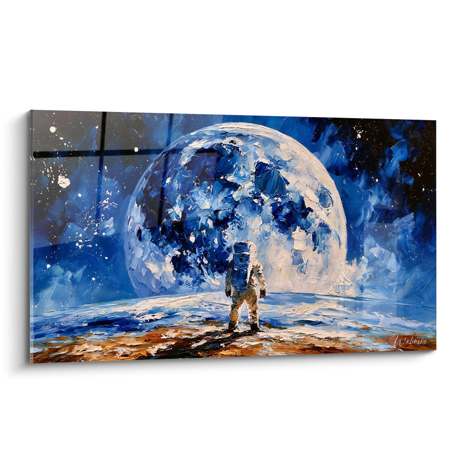 Tableau Astronaute face à une sphère bleue et blanche étoilée - Combinaison spatiale givrée - Edition Lune